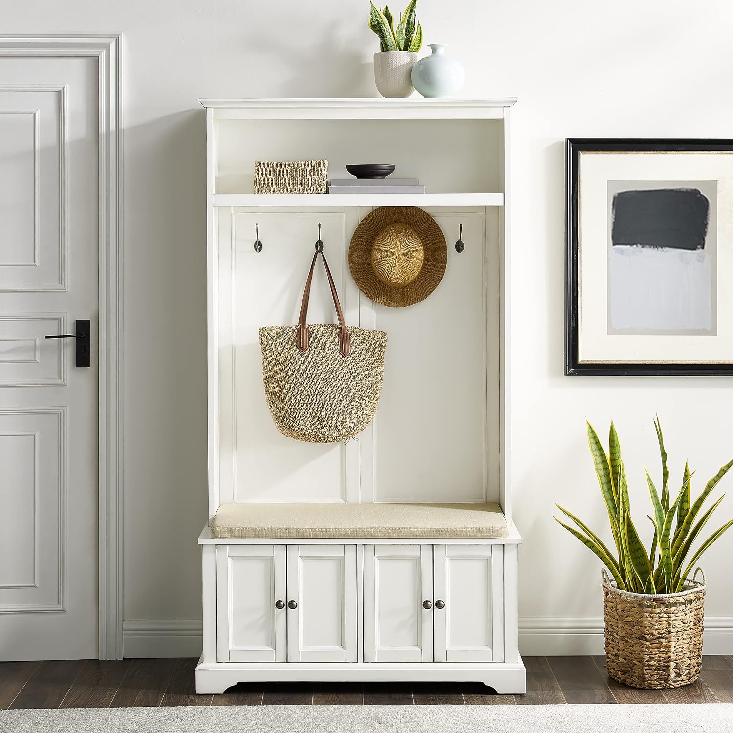 Crosley Furniture Holbrook Hall Tree with Shoe Rack Bench and Coat Hooks for Hanging Storage, Distressed White