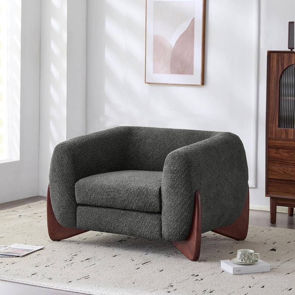Christopher Knight Home Holly Modern Boucle Fabric Upholstered Club Chair for Living Room, Home Office, Apartment, Relaxing Chair with Removable Cushion and Birch Wood Legs, Dark Gray + Walnut
