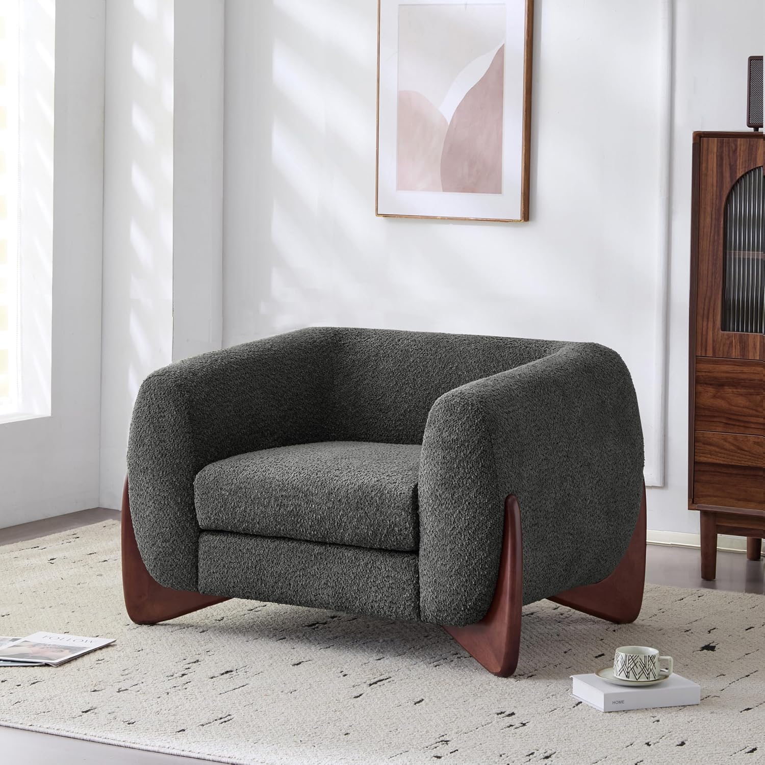 Christopher Knight Home Holly Modern Boucle Fabric Upholstered Club Chair for Living Room, Home Office, Apartment, Relaxing Chair with Removable Cushion and Birch Wood Legs, Dark Gray + Walnut