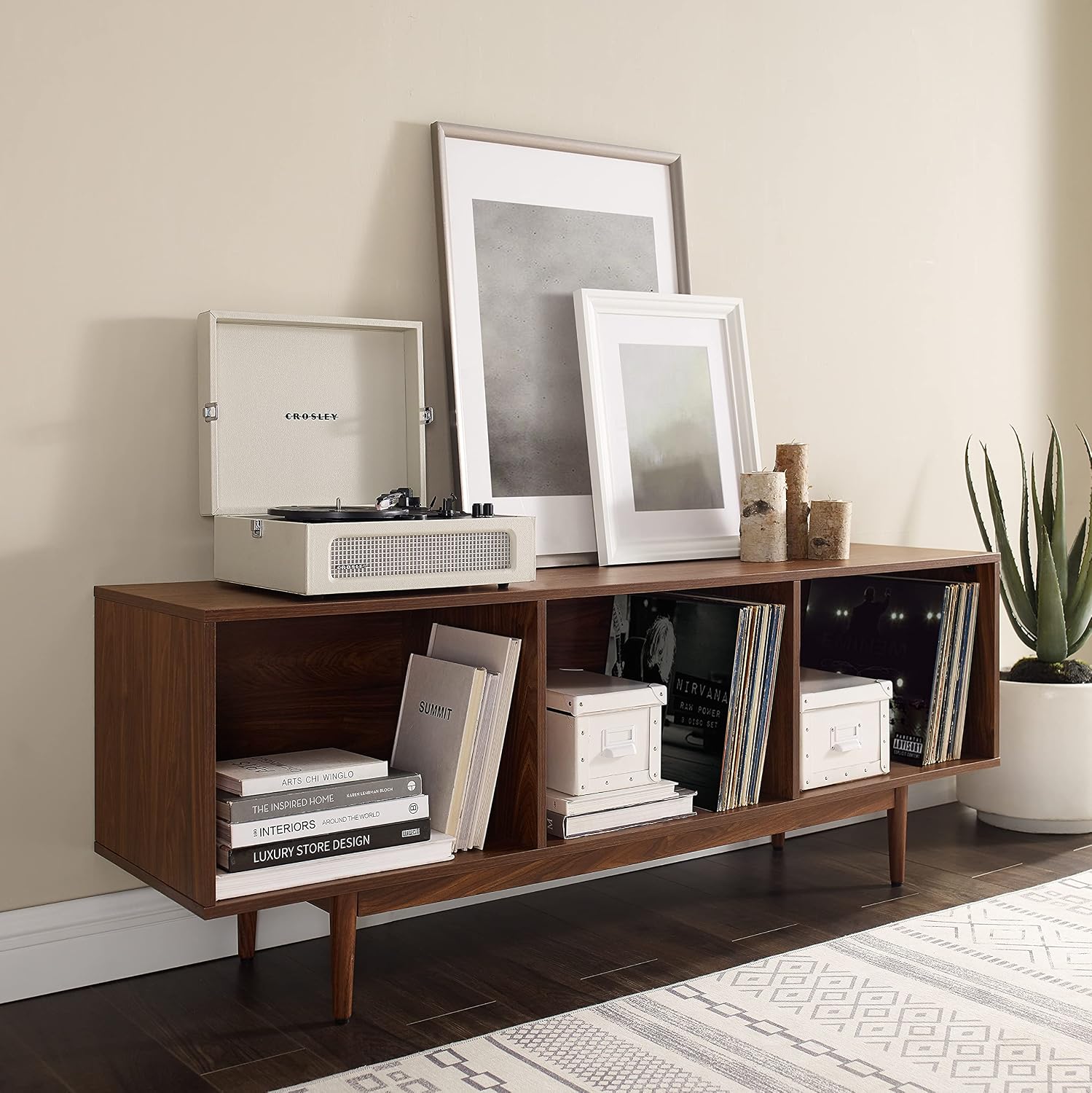 Crosley Furniture Liam Large Vinyl Record Storage TV Stand and Entertainment Center, Media Console, Walnut