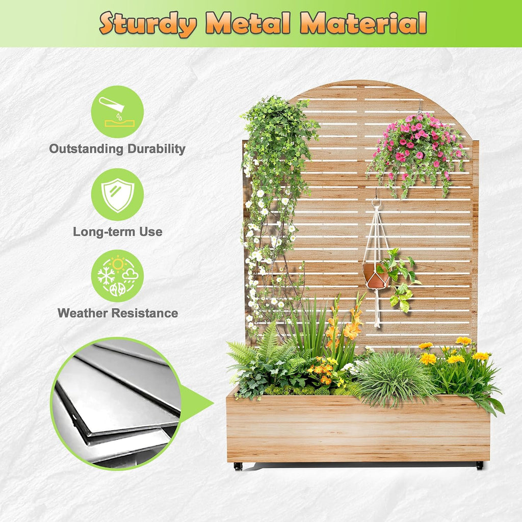 Metal Raised Garden Bed with Trellis, 2-in-1 Planter Box & Privacy Screen for Climbing Plants, Outdoor Standing Flower Bed with Drainage Holes, 47.2'L x 16.7'W x 70.8'H, Acacia Wood Grain-Louvered
