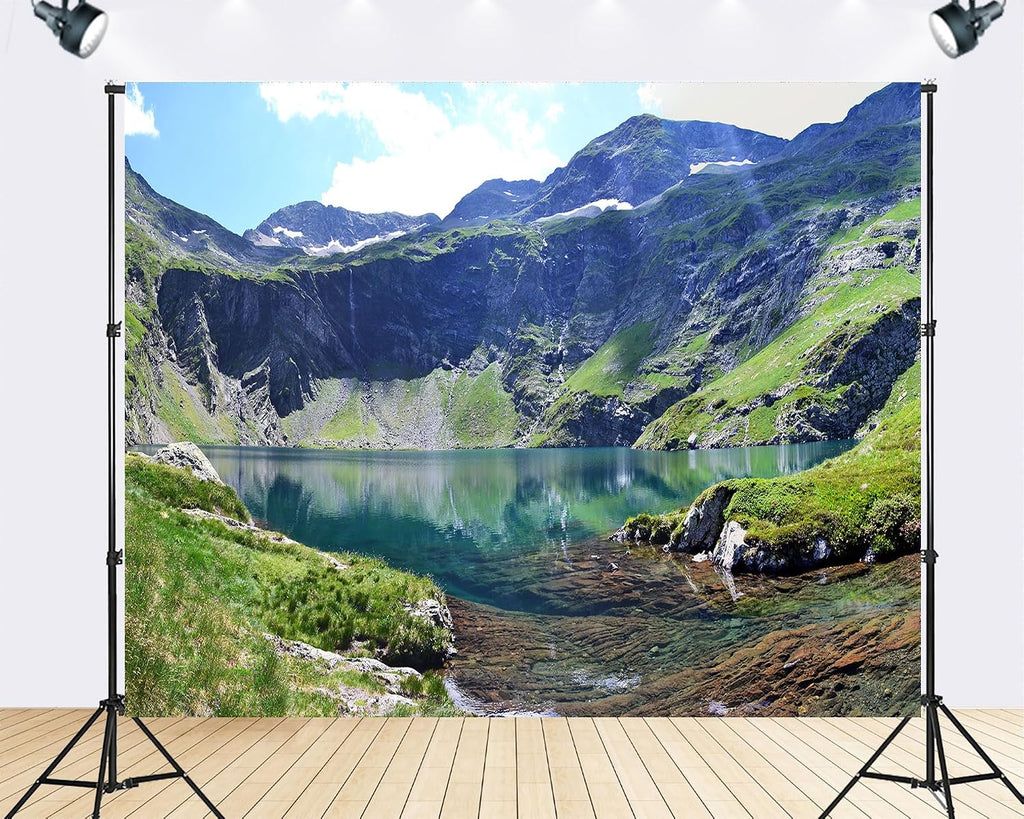 Trykid 20x10ft Alpine Glacial Lake Mountain Backdrop Clear Green Water Cliff Fresh Alpine Nature Landscape Photography Background Outdoor Travel Party Decoration Photo Booth Prop Fabric