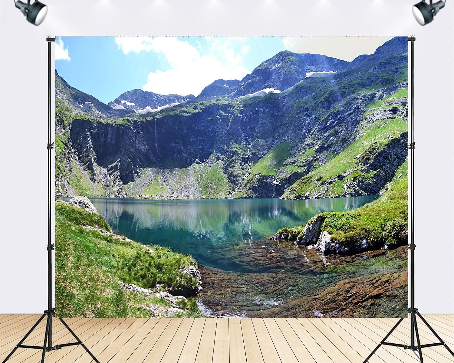 Trykid 20x10ft Alpine Glacial Lake Mountain Backdrop Clear Green Water Cliff Fresh Alpine Nature Landscape Photography Background Outdoor Travel Party Decoration Photo Booth Prop Fabric