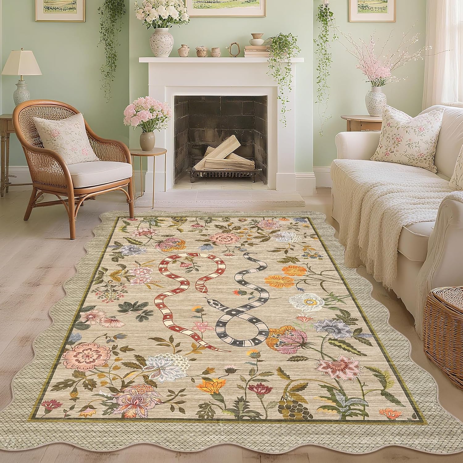 Garvee Washable 9x12 Area Rugs for Living Room Non Slip Botanical Snake Rugs for Bedroom, Boho Scalloped Stain-Resistant Dining Room Rug for Under Table Carpet for Home Office Playroom Farmhouse,Brown