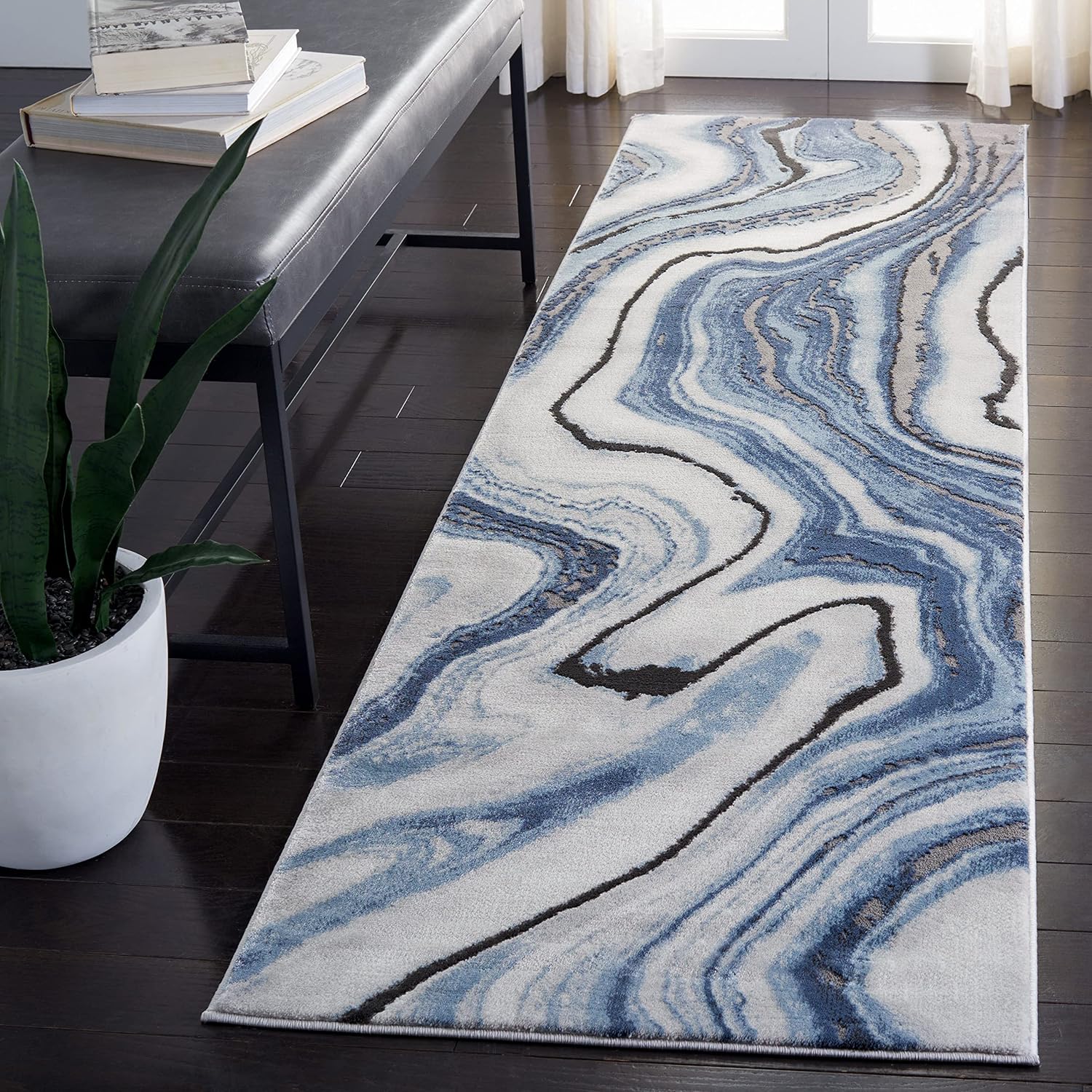 SAFAVIEH Craft Collection Runner Rug - 2'3' x 16', Blue & Grey, Modern Abstract Design, Non-Shedding & Easy Care, Ideal for High Traffic Areas in Living Room, Bedroom (CFT819M)