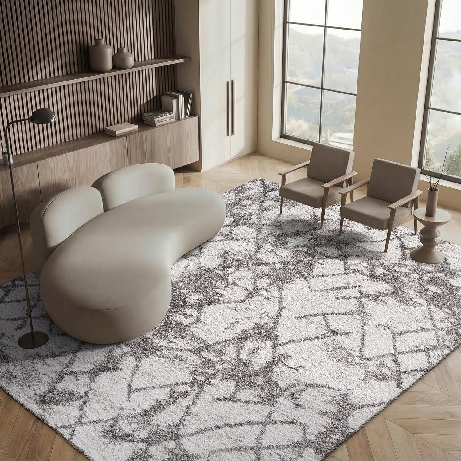 SAFAVIEH Horizon Shag Collection X-Large Area Rug - 11' x 15', Grey & Ivory, Abstract Design, Non-Shedding & Easy Care, 2-inch Thick Ideal for High Traffic Areas in Living Room, Bedroom (HZN894F)