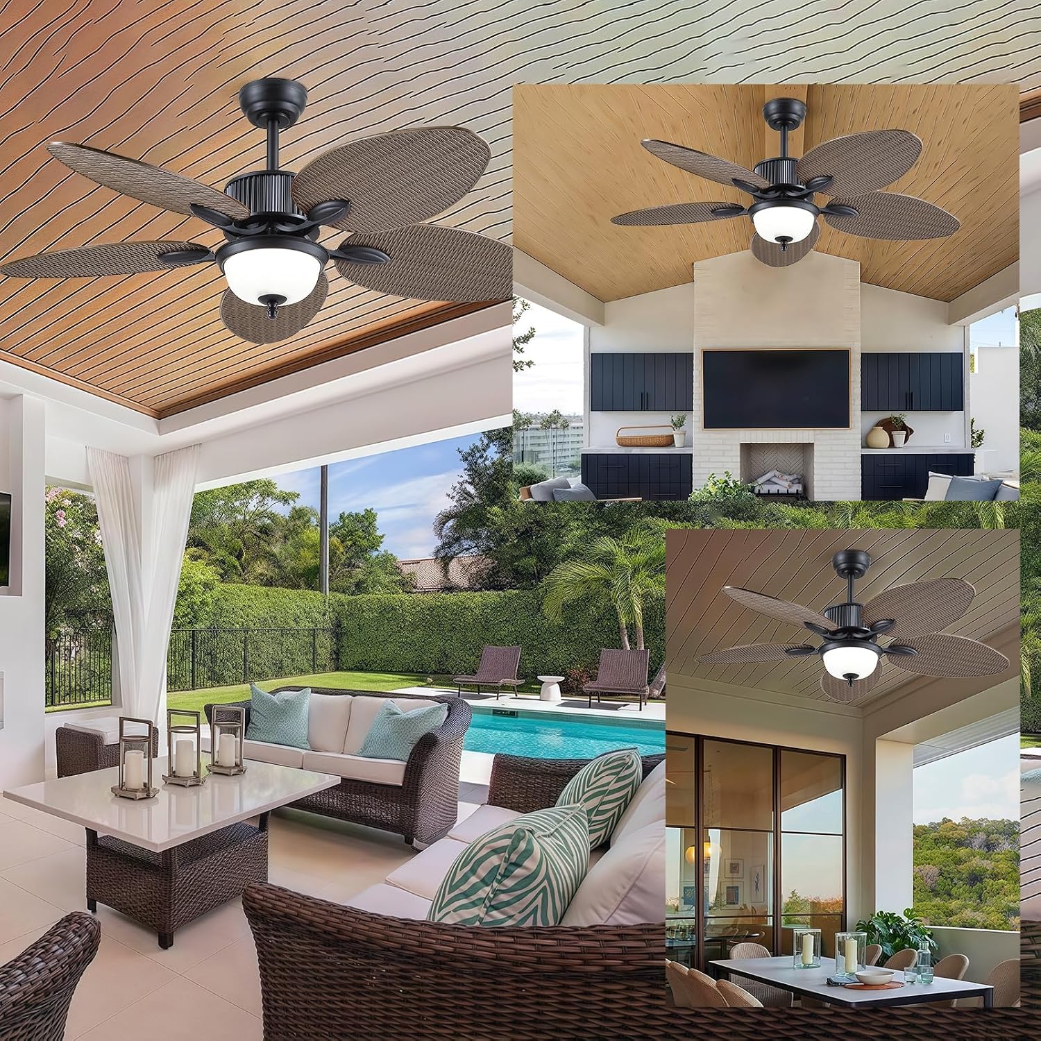 Wiviniya 50 Inch Tropical Ceiling Fans with Lights, Palm Leaf Waterproof Outdoor Ceiling Fan for Patios Porch, Remote/APP Control, Wet Rated, Glass Lampshade, Quiet DC Motor, Dimmable LED, Dark Brown