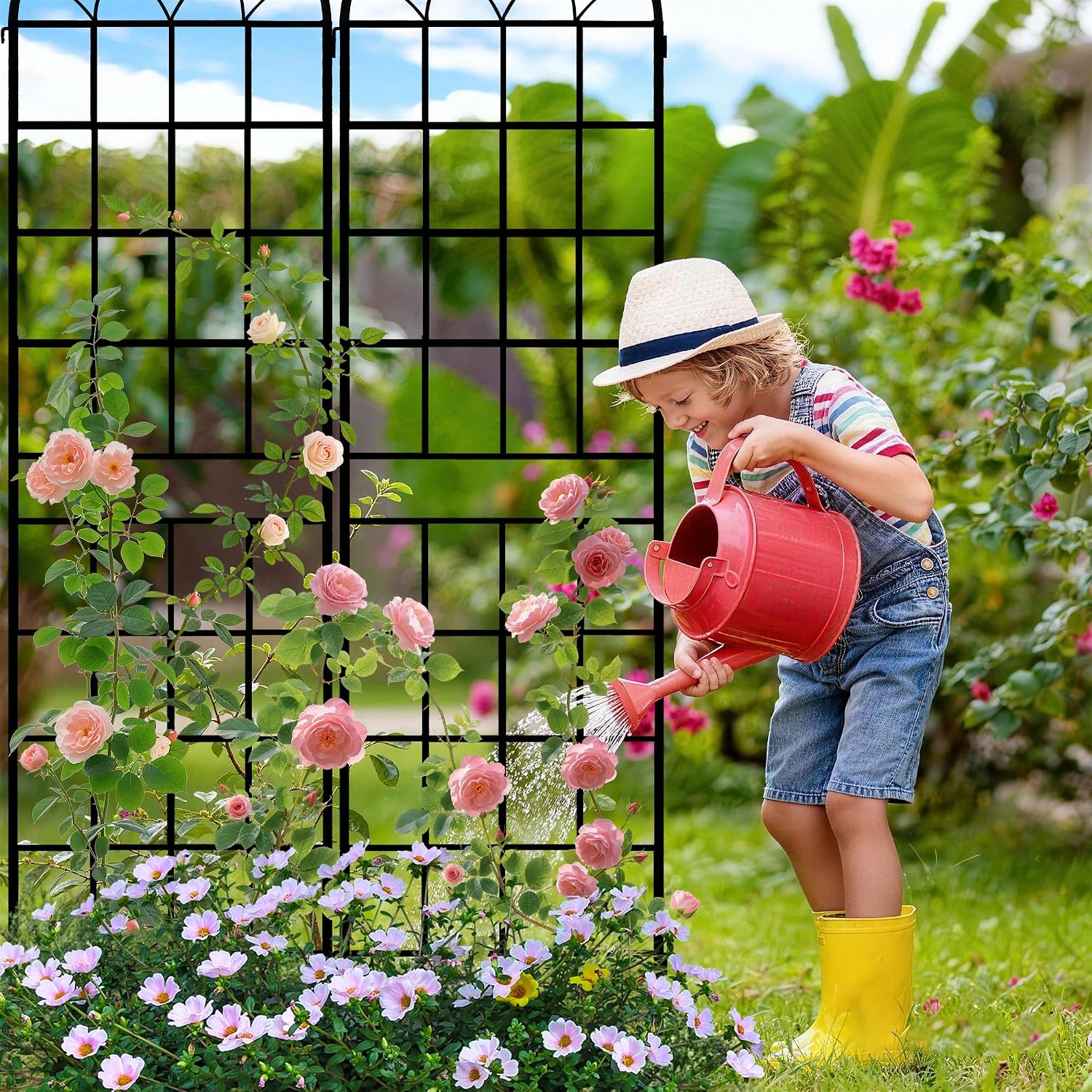 LZRS 4 Pack 83x20in Rustic Iron Arch Decoration Garden Trellis with Black Metal Coating – Perfect for Supporting Climbing Plants Outdoor, Roses, Vines, Flowers, and Vegetables.