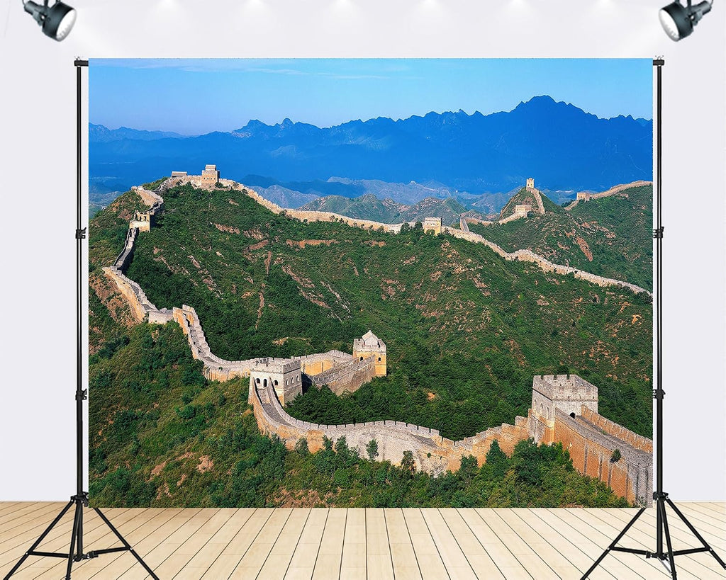 Trykid 20x10ft Majestic Fortification Backdrop Rolling Green Peaks Clear Blue Sky Stone Ramparts Watchtowers Photography Background Travel Wedding Party Decoration Photo Booth Prop Fabric