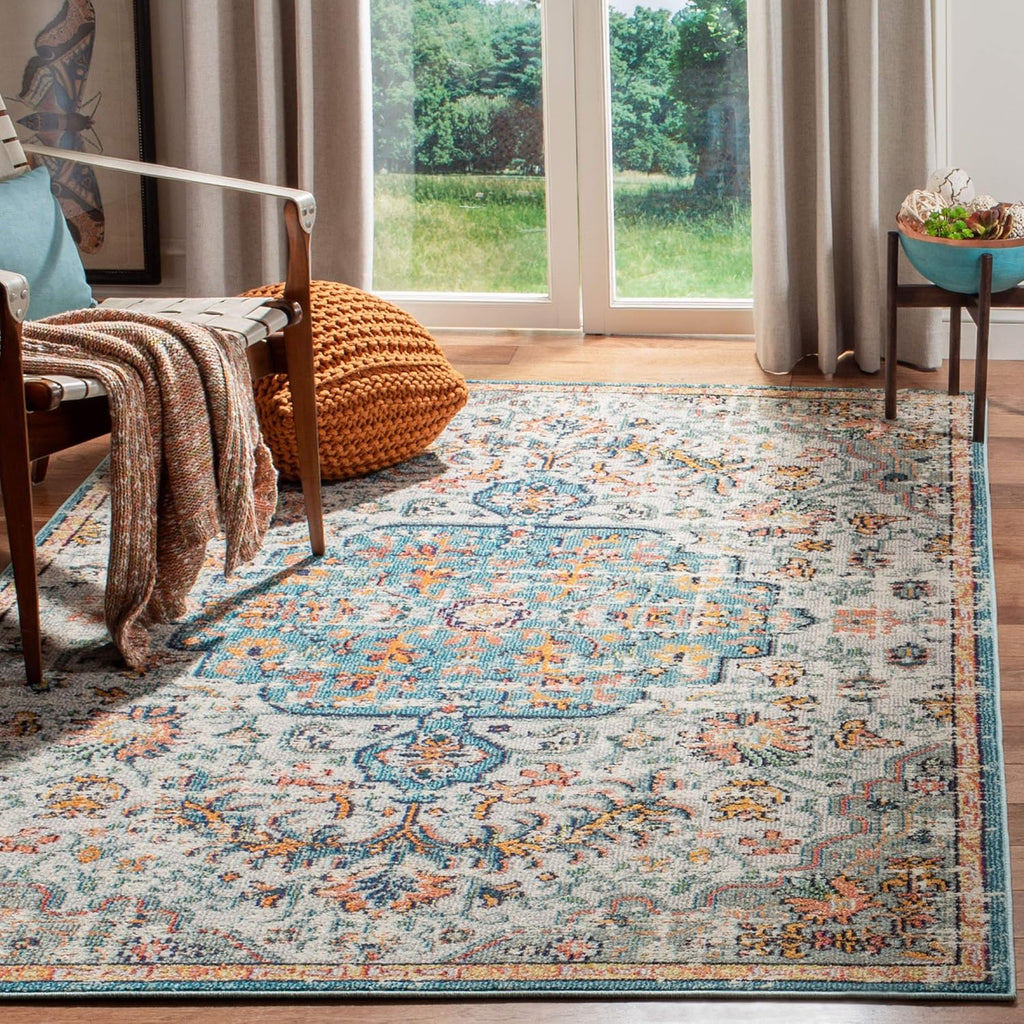 SAFAVIEH Madison Collection Area Rug - 9' x 12', Grey & Light Blue, Boho Chic Medallion Distressed Design, Non-Shedding & Easy Care, Ideal for High Traffic Areas in Living Room, Bedroom (MAD447F)