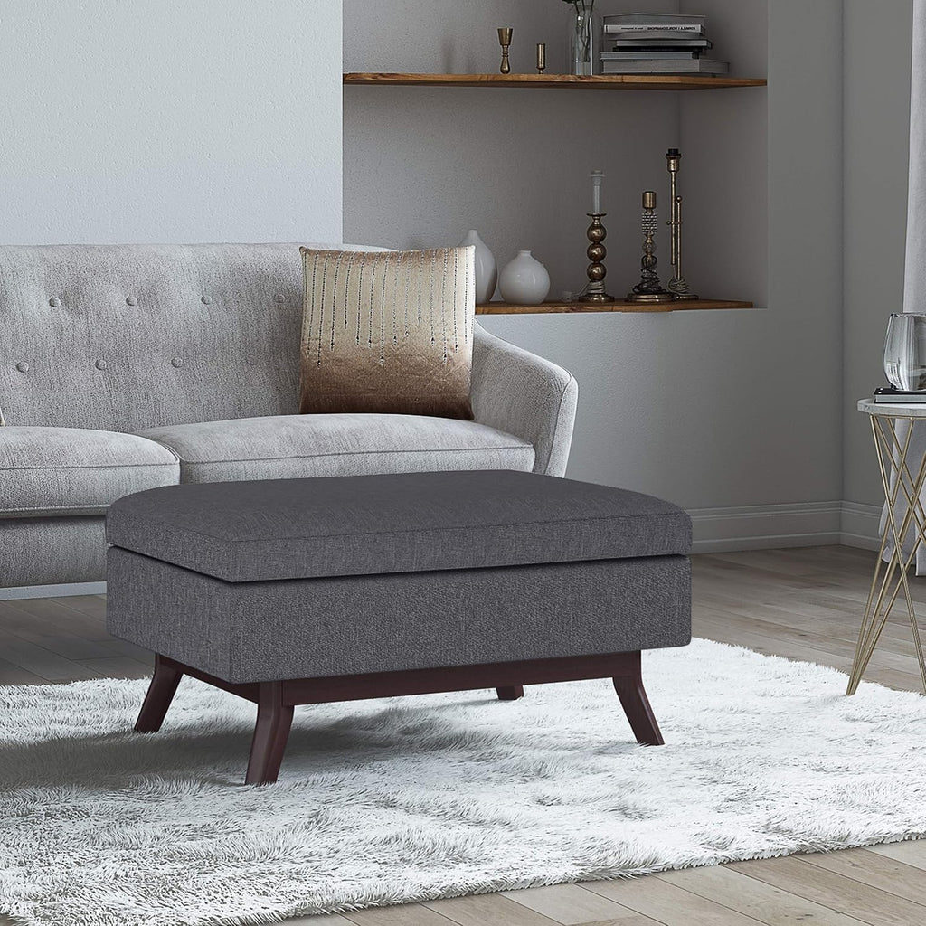 SIMPLIHOME Owen Coffee Table Storage Ottoman - 34' Wide x 19' High Upholstered Linen Look Fabric Rectangular Lift-Top Ottoman in Slate Grey, Mid-Century Modern Bench for Living Room with Tapered Legs