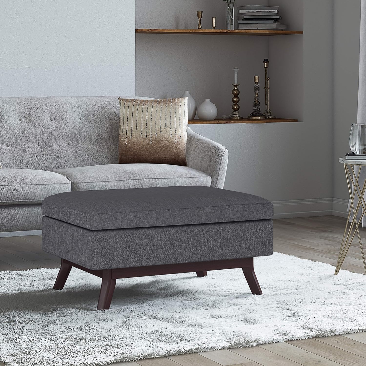 SIMPLIHOME Owen Coffee Table Storage Ottoman - 34' Wide x 19' High Upholstered Linen Look Fabric Rectangular Lift-Top Ottoman in Slate Grey, Mid-Century Modern Bench for Living Room with Tapered Legs