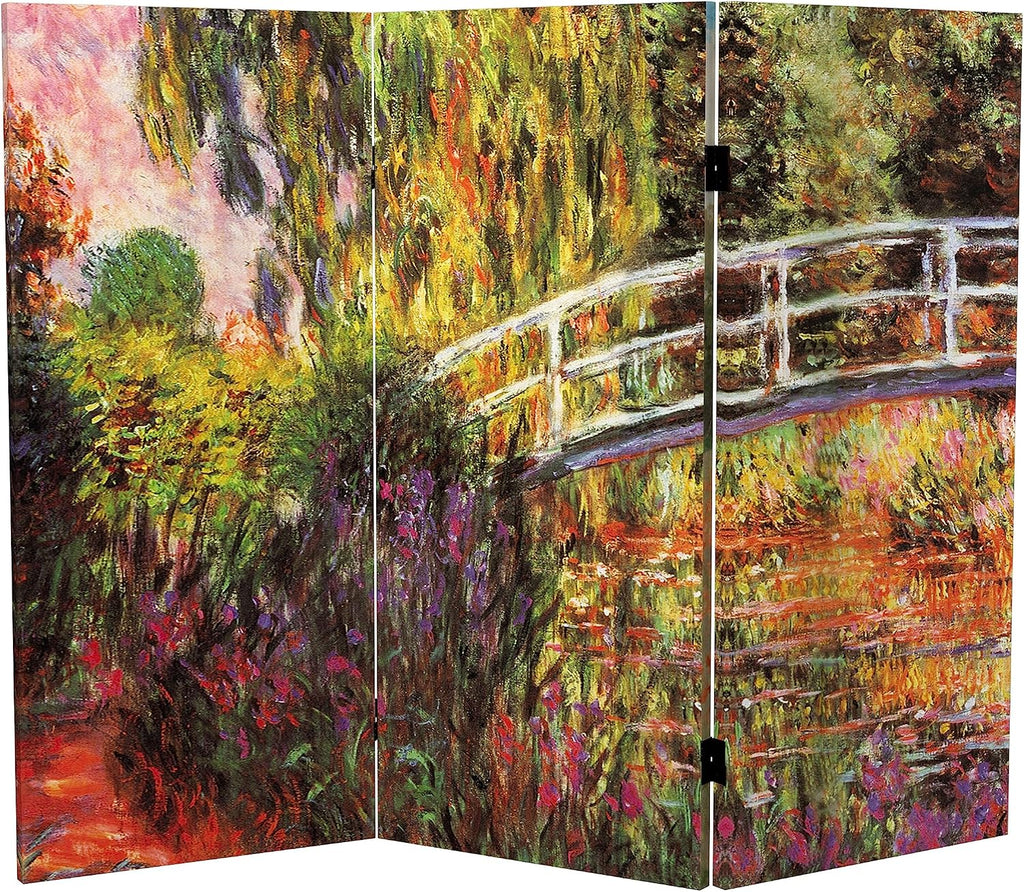 Red Lantern 3 ft. Short Double Sided Works of Monet Canvas Folding Screen 3 Panel Freestanding Partition and Separator for Modern and Contemporary Bedroom, Home Office, Studio, Dorm, Apartment