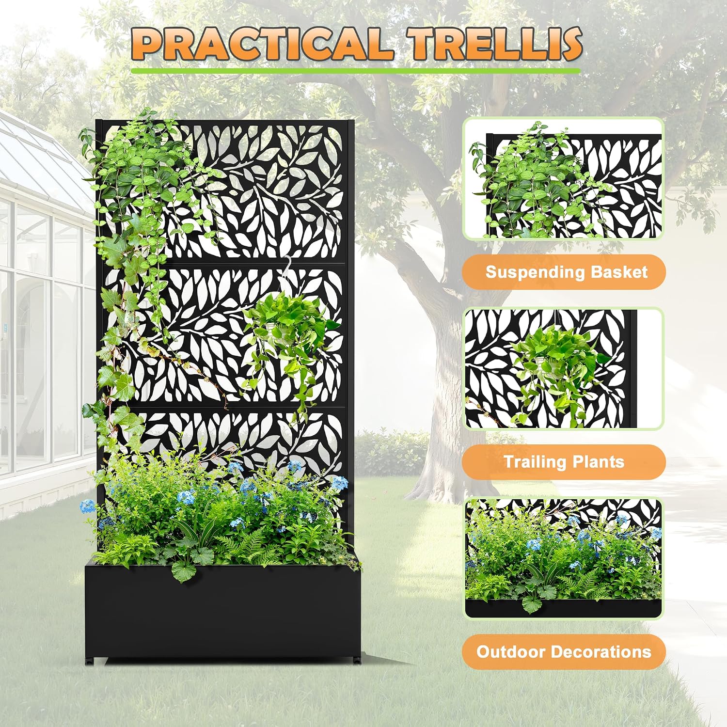 Metal Raised Garden Bed with Trellis, 2 in 1 Trellis with Planter Box & Privacy Screen for Climbing Plants, Vine, Outdoor Standing Flower Beds with Drainage Holes, 35.4'L x 15.7'W x 70.10'H,(Black)