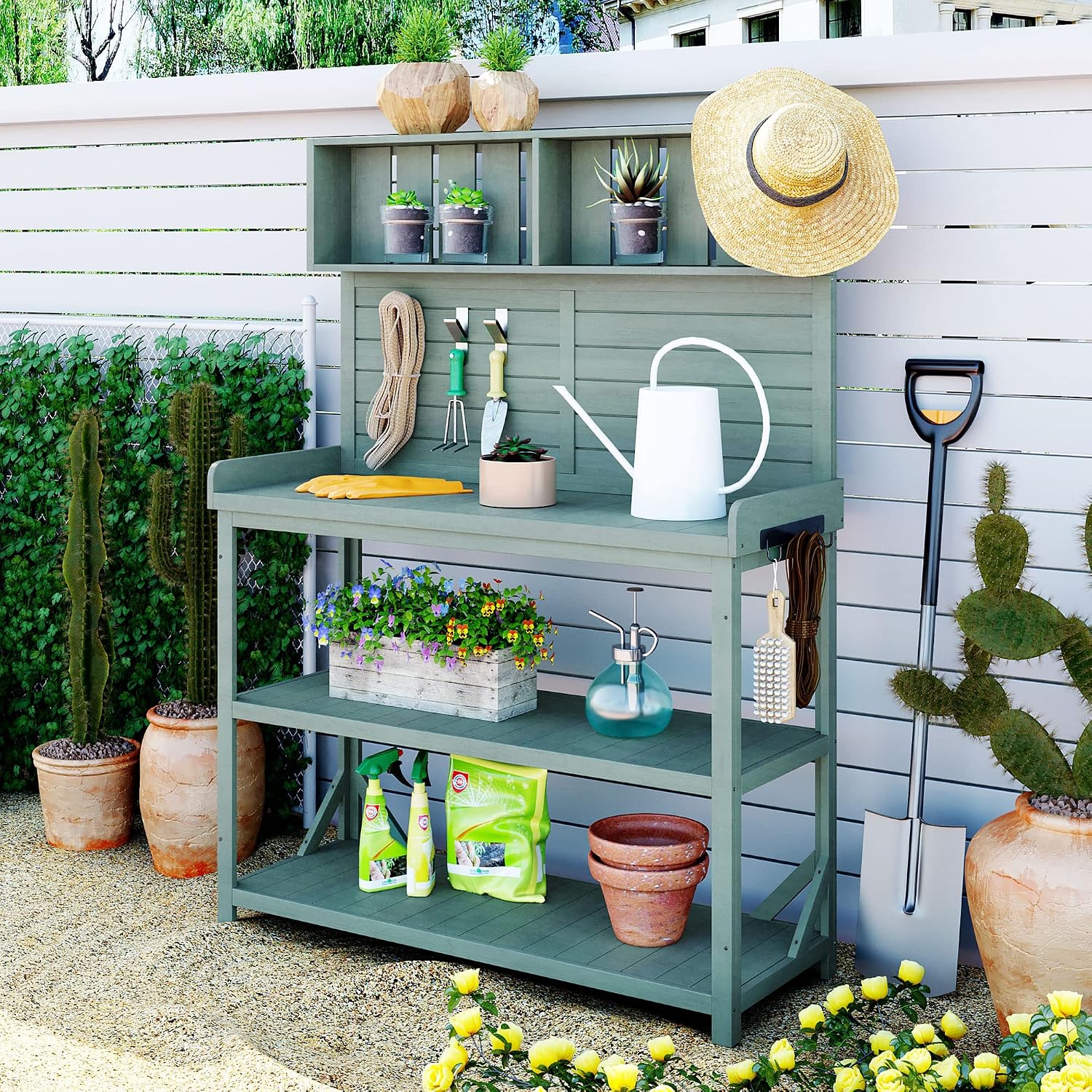 KUIKUI Potting Table, Outdoor Potting Bench with 4 Storage Shelves and Side Hook, Gardening Tables for Outdoors, 46.9x19.3x65inch, Green