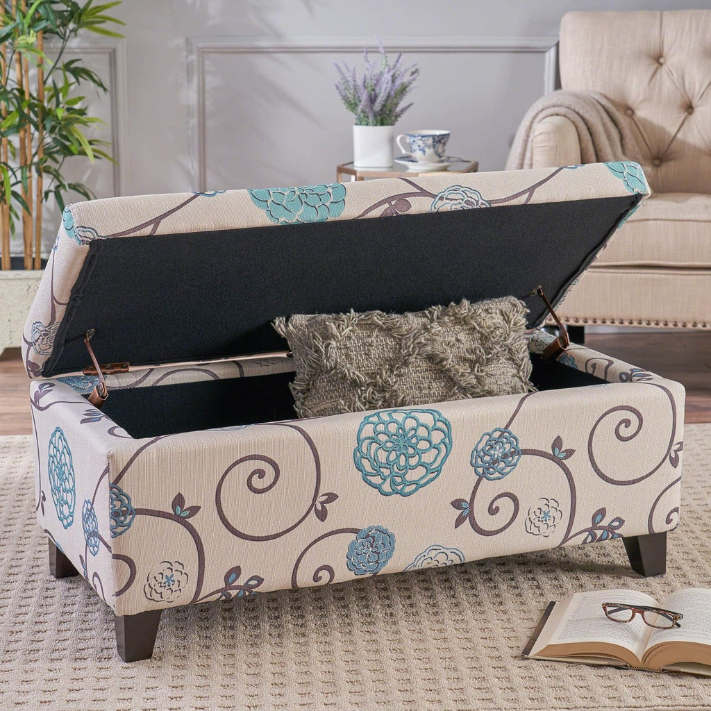 Christopher Knight Home Breanna Fabric Storage Ottoman, White And Blue Floral