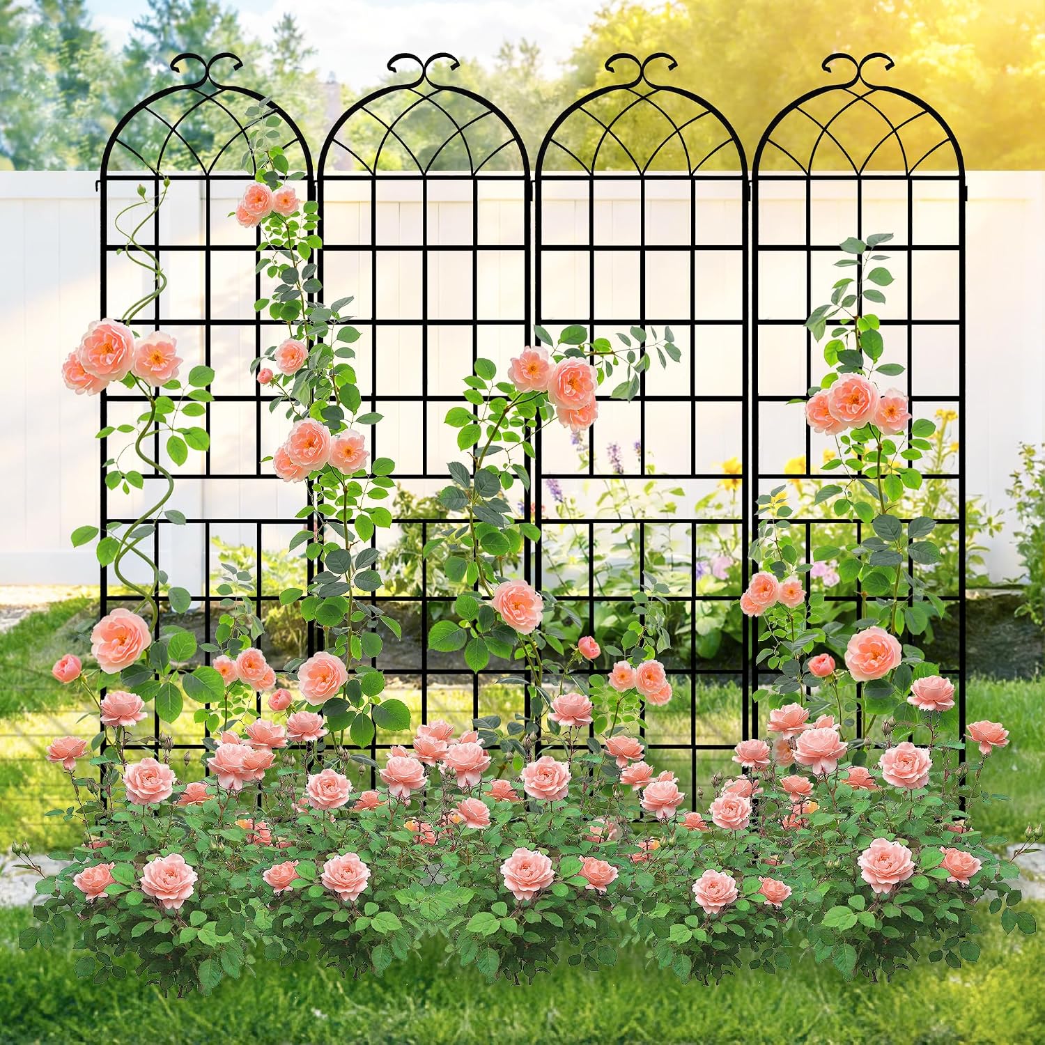 LZRS 4 Pack 83x20in Rustic Iron Arch Decoration Garden Trellis with Black Metal Coating – Perfect for Supporting Climbing Plants Outdoor, Roses, Vines, Flowers, and Vegetables.