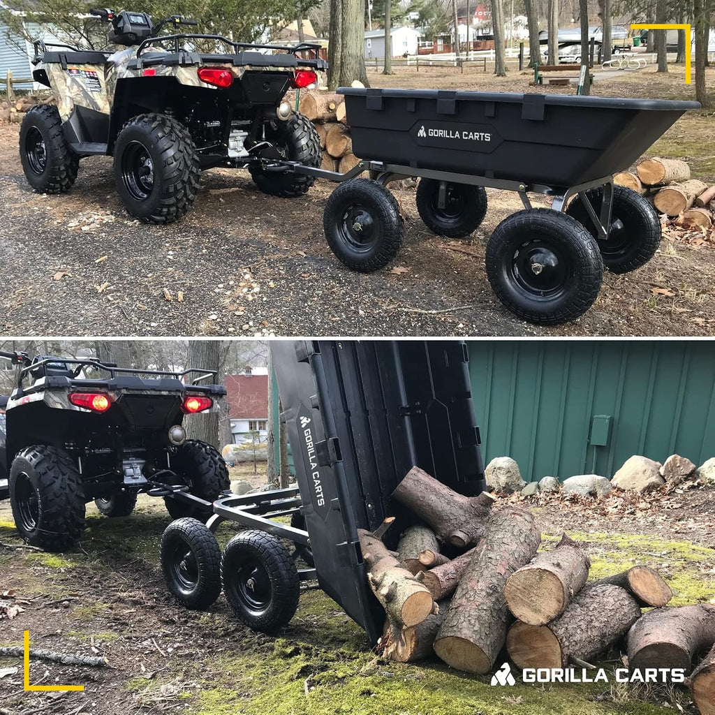 Gorilla Carts Heavy-Duty Poly Yard Dump Cart, 10 Cu Ft Tub, 1500 lb Haul Capacity, Black – Towable Utility Wagon with Quick-Release Dumping & Pneumatic Tires for Landscaping and Gardening
