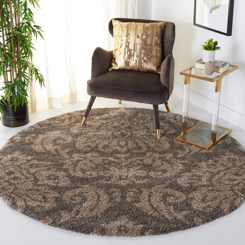 SAFAVIEH Florida Shag Collection Area Rug - 6'7' Round, Smoke & Beige, Damask Design, Non-Shedding & Easy Care, 1.2-inch Thick Ideal for High Traffic Areas in Living Room, Bedroom (SG460-7913)