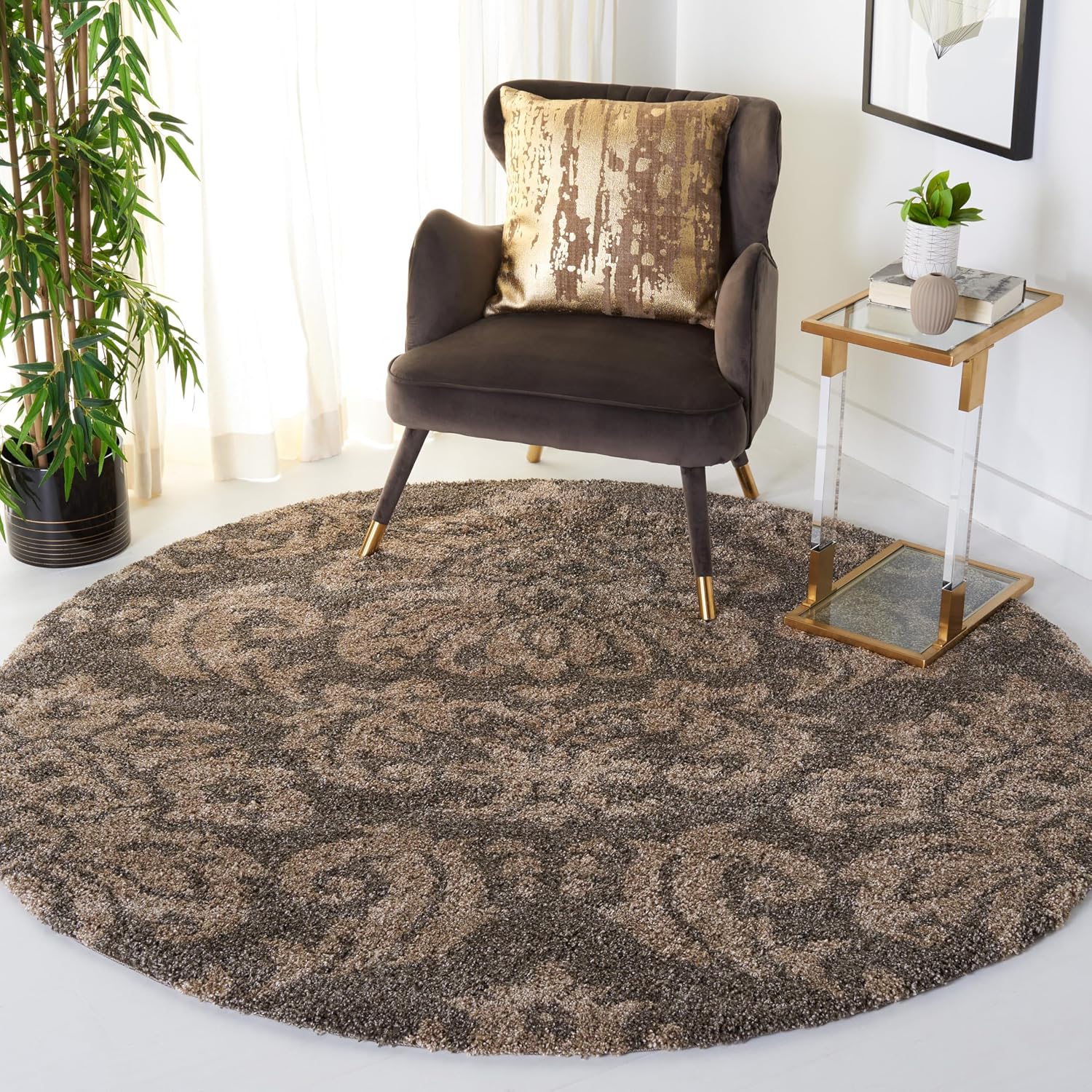 SAFAVIEH Florida Shag Collection Area Rug - 6'7' Round, Smoke & Beige, Damask Design, Non-Shedding & Easy Care, 1.2-inch Thick Ideal for High Traffic Areas in Living Room, Bedroom (SG460-7913)