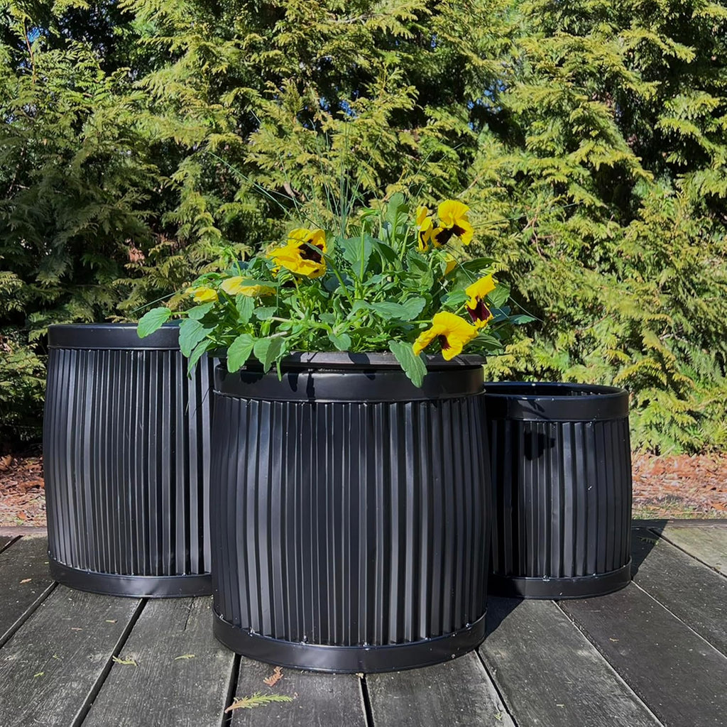 WHW Whole House Worlds French Country Style Belly Bucket Planters, Round, Set of 3, Iron, Glossy Black, Corrugated Cache Pots, Rustic, Large Capcity, from Over 1 Ft Diameter (17-12 Inches)