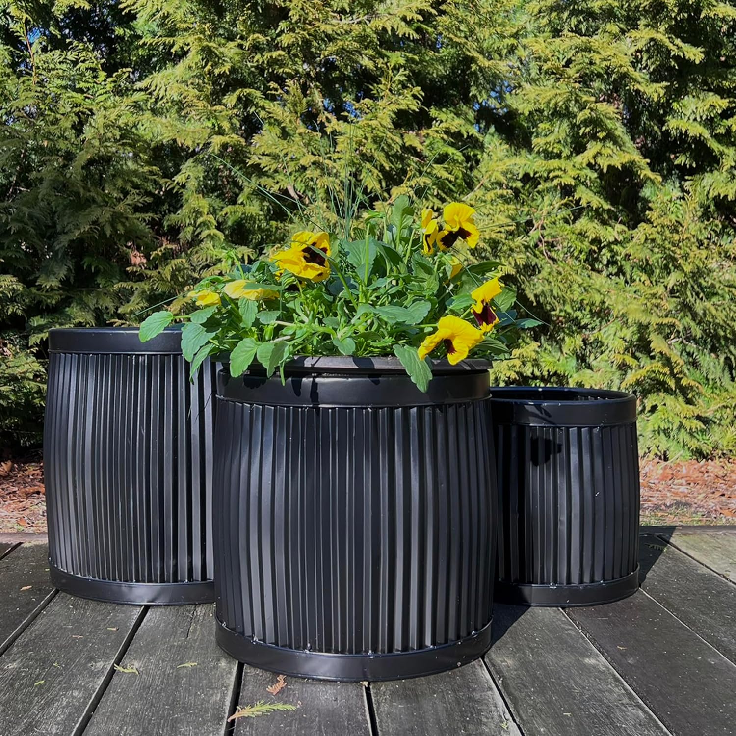 WHW Whole House Worlds French Country Style Belly Bucket Planters, Round, Set of 3, Iron, Glossy Black, Corrugated Cache Pots, Rustic, Large Capcity, from Over 1 Ft Diameter (17-12 Inches)