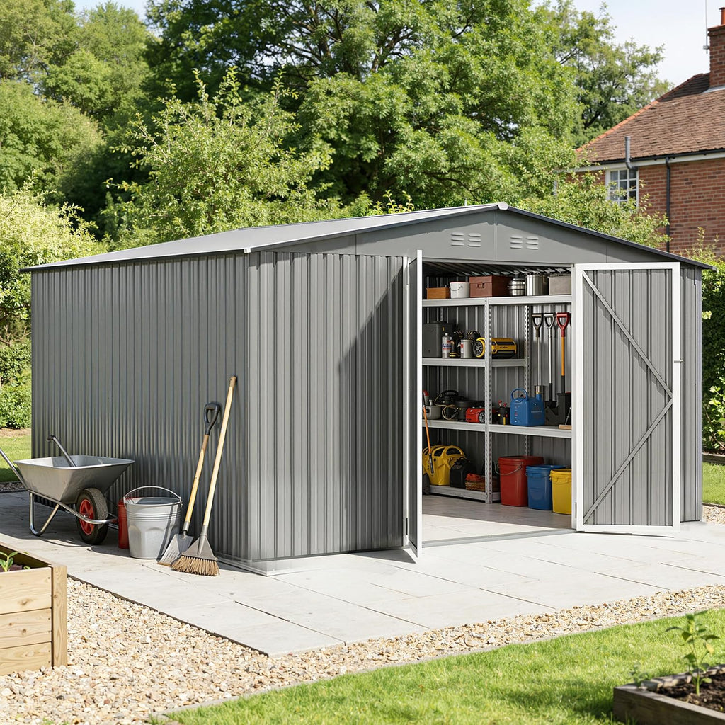 12 x 10FT Grey Outdoor Storage Shed, Metal Waterproof Shed Garden Tool Shed with Door and Lock Outdoor Storage,All-Weather Shelter for Bike, Gardening Tools, Lawn Mowers