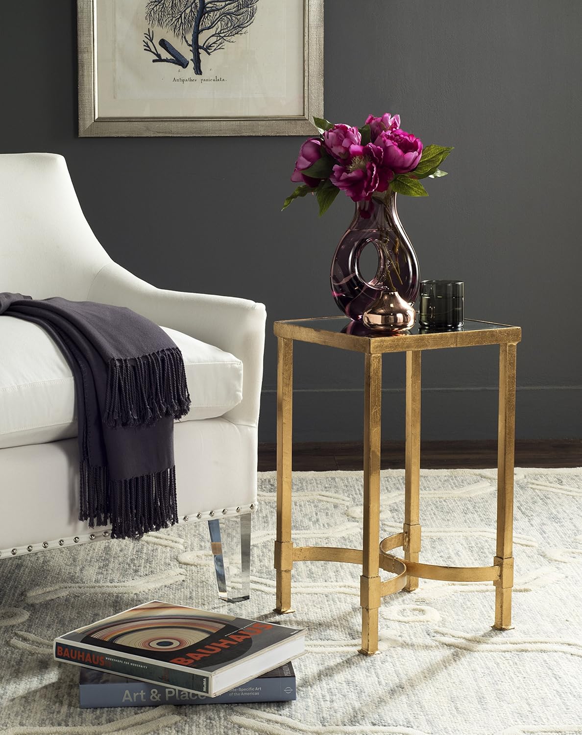SAFAVIEH Home Collection Halyn Gold Leaf Mirror Top End Table