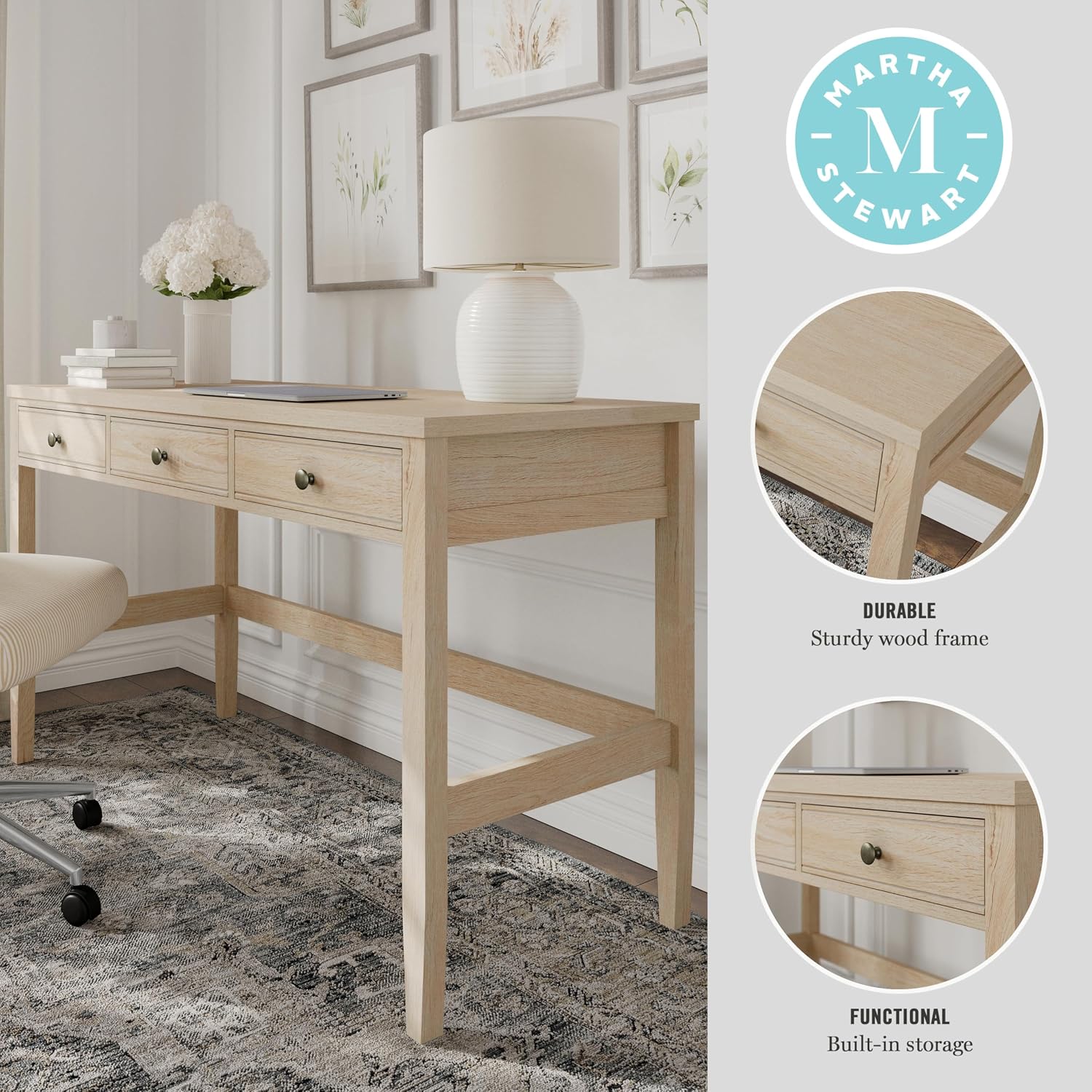 Martha Stewart Rhett Home Office Desk with 3 Drawers and Tapered Legs in Light Natural with Antique Bronze Hardware