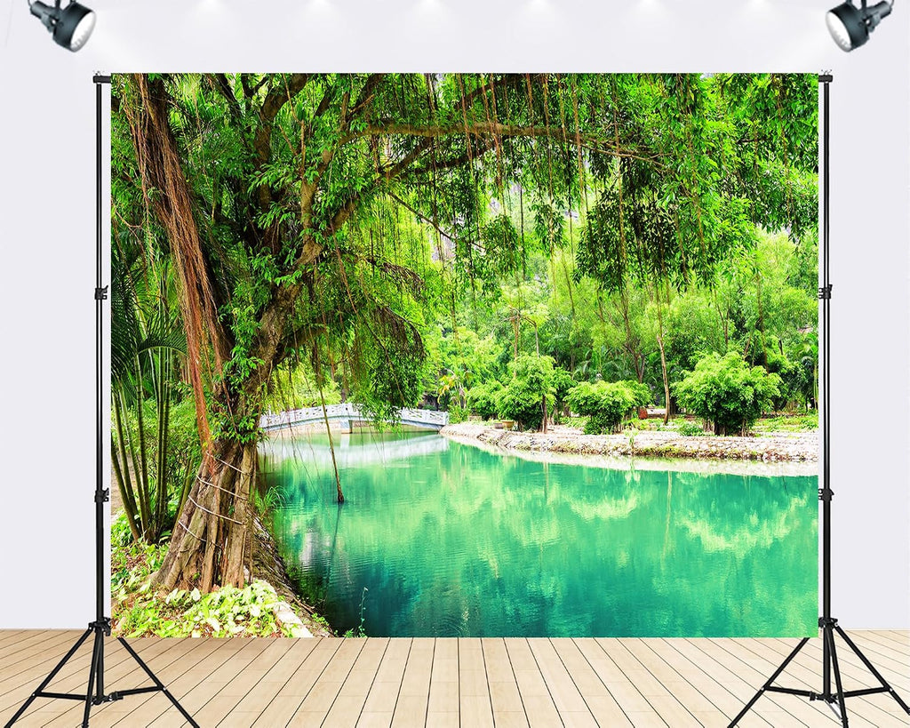 Trykid 20x10ft Lush Tropical River Backdrop White Stone Bridge Dense Greenery Clear Turquoise Water Photography Background Zen Garden Spa Retreat Party Decoration Photo Booth Prop Fabric