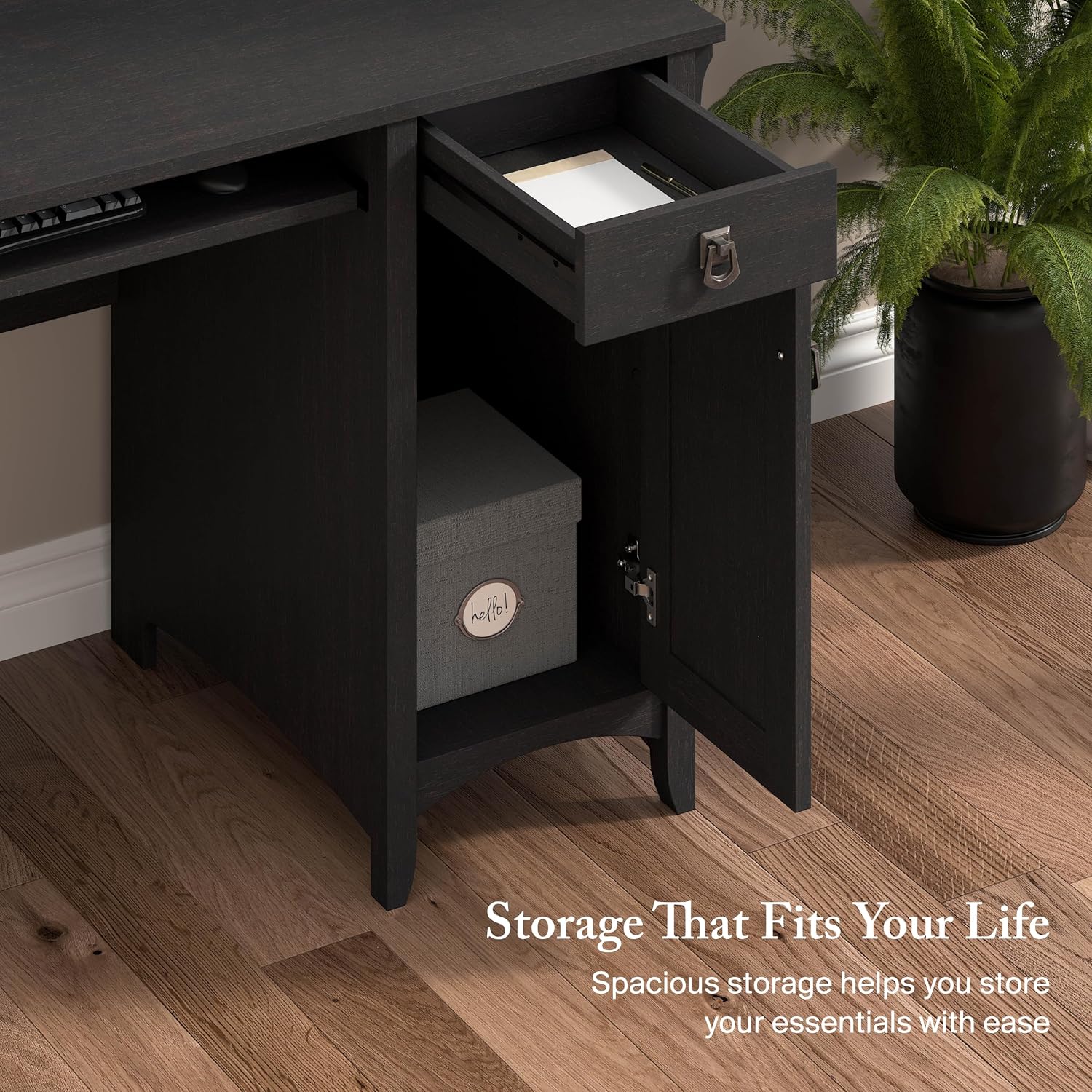 Bush Home Salinas Computer Desk with Hutch | Study Table with Drawers, Cabinets & Pullout Keyboard/Laptop Tray | Modern Home Office Desk in Vintage Black | Work Desk with Storage