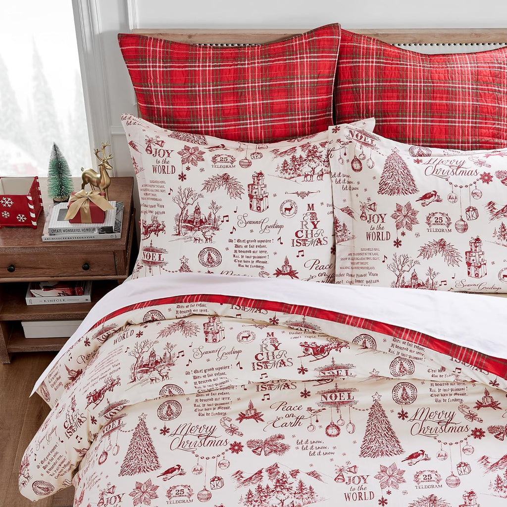 Levtex Home - Yuletide Comforter Set - Full/Queen Comforter 90x94 and Two Standard Pillow Cases 20x26 - Christmas Holiday Script - Red and Cream - Cotton