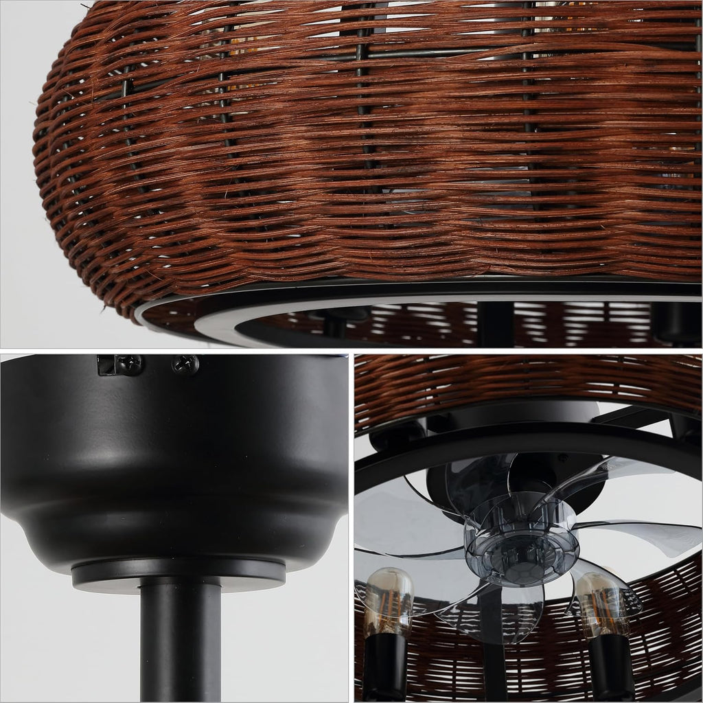 JONATHAN Y 23' Black 6-Light Modern Bohemian Ceiling Fan with Lights, 6-Speed Remote and App Control, Height Adjustable LED Lantern with Dark Brown Rattan Shade for Living Room JYL9728A