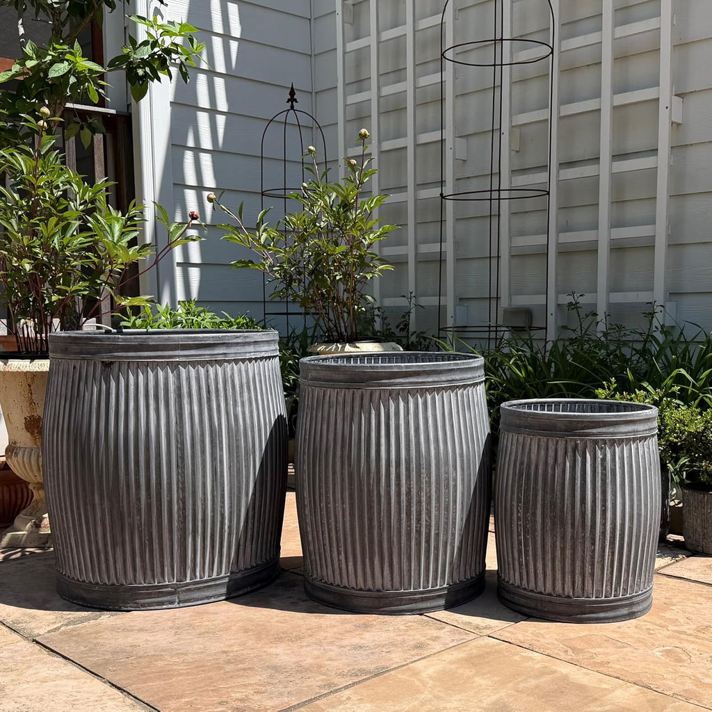 WHW Whole House Worlds French Country Style Tall Belly Bucket Pot Planters, Set of 3, Galvanized Metal, Vintage Grey, White Patina, Corrugated Cache Pots, Rustic, 22.5'