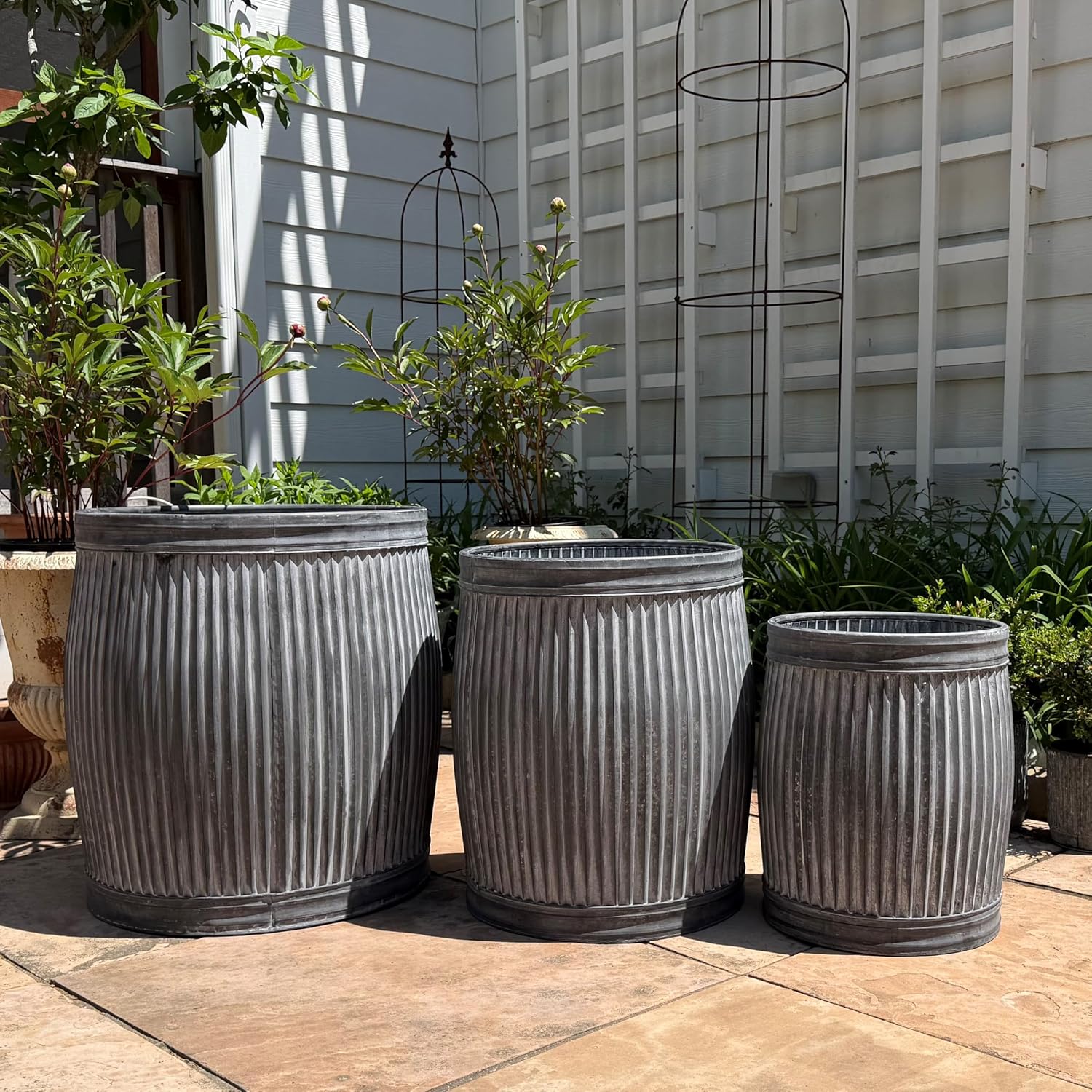 WHW Whole House Worlds French Country Style Tall Belly Bucket Pot Planters, Set of 3, Galvanized Metal, Vintage Grey, White Patina, Corrugated Cache Pots, Rustic, 22.5'