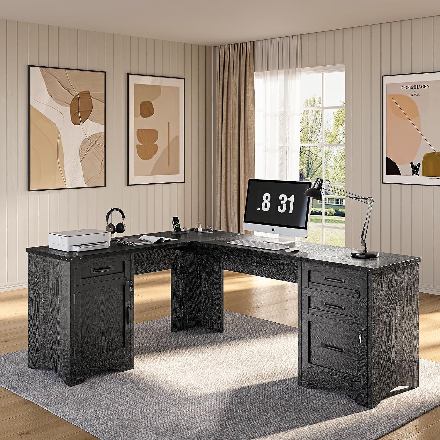 Decofy L Shaped Farmhouse Executive Desk with Drawers, 67' Home Office Desks with Fast Charging Station, Lockable File Cabinet, Wood Writing Computer Desk for Work, Study, Black