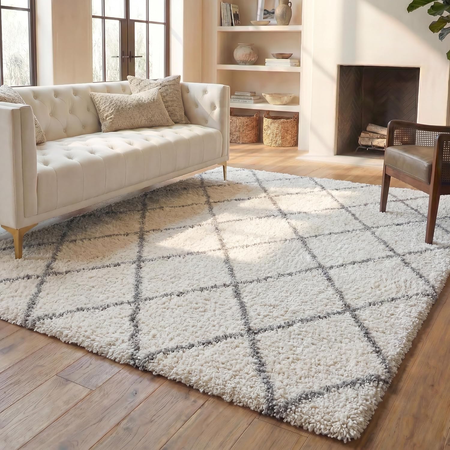 SAFAVIEH Parma Shag Collection Area Rug - 6' x 9', Cream & Grey, Moroccan Trellis Design, Non-Shedding & Easy Care, 1.2-inch Thick Ideal for High Traffic Areas in Living Room, Bedroom (PMA515A)