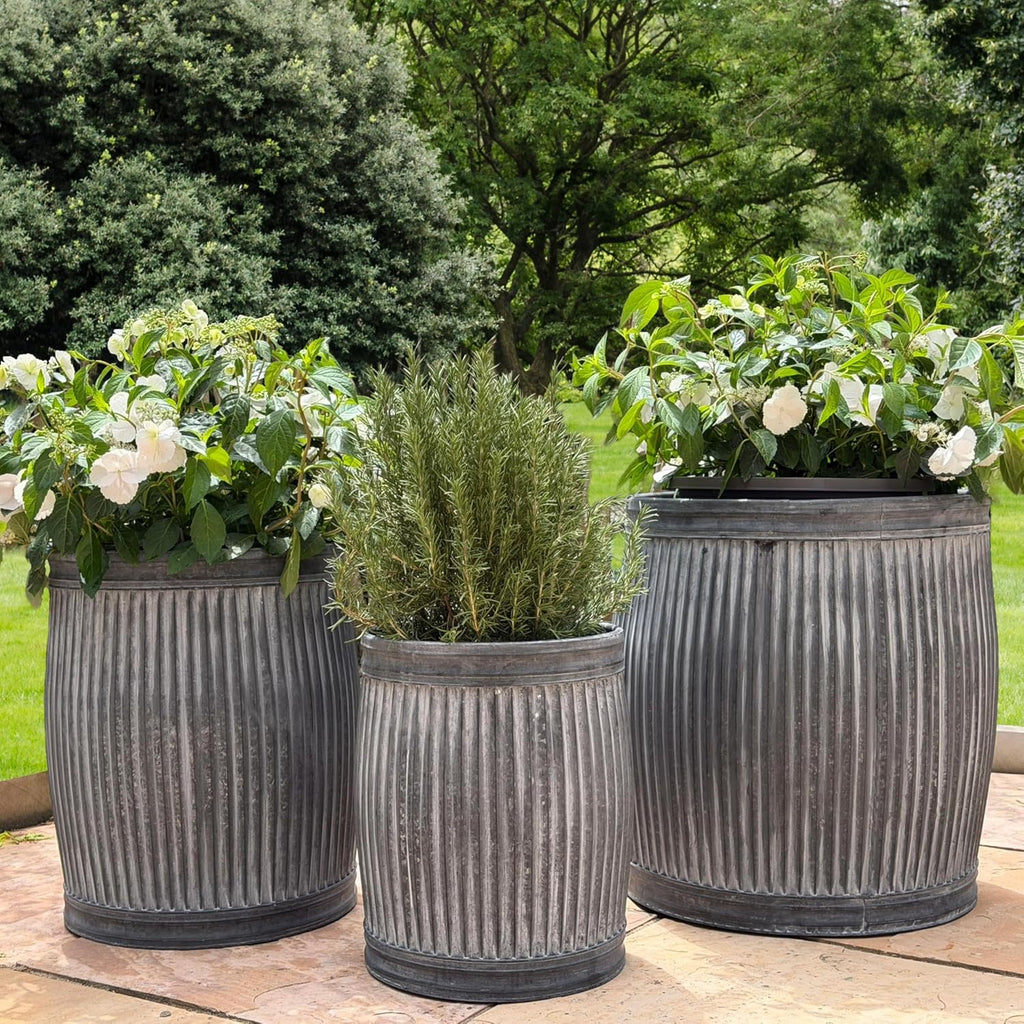 WHW Whole House Worlds French Country Style Tall Belly Bucket Pot Planters, Set of 3, Galvanized Metal, Vintage Grey, White Patina, Corrugated Cache Pots, Rustic, 22.5'