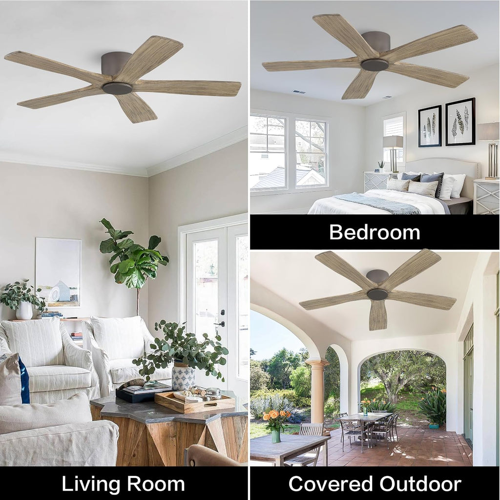 WINGBO 48' Flush Mount DC Ceiling Fans without Lights, 5 Carved Solid Wood Blades, 6-Speed Reversible DC Motor, Low Profile Hugger Ceiling Fan No Light for Living Room Bedroom Patio, Graphite and Gray