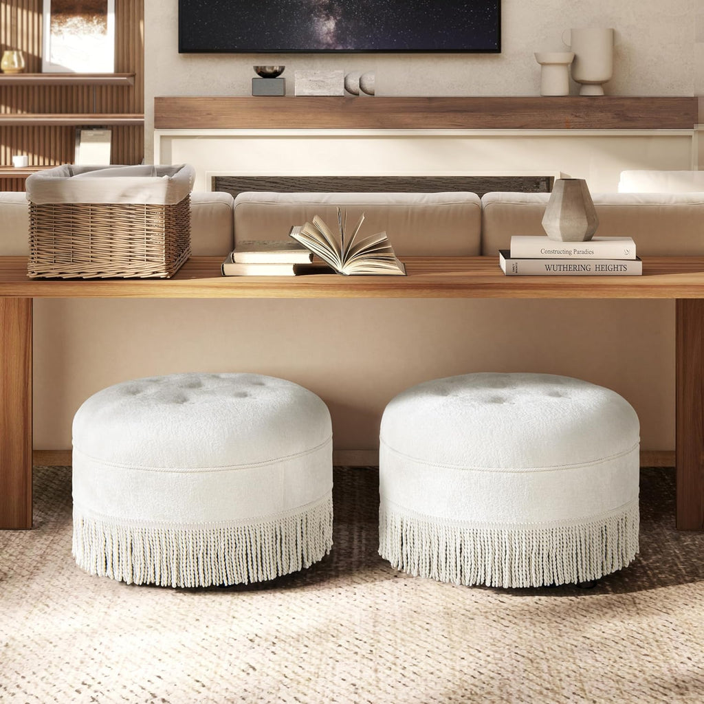 Jennifer Taylor Home Yolanda 24' Round Upholstered Accent Ottoman in Almond White Chenille