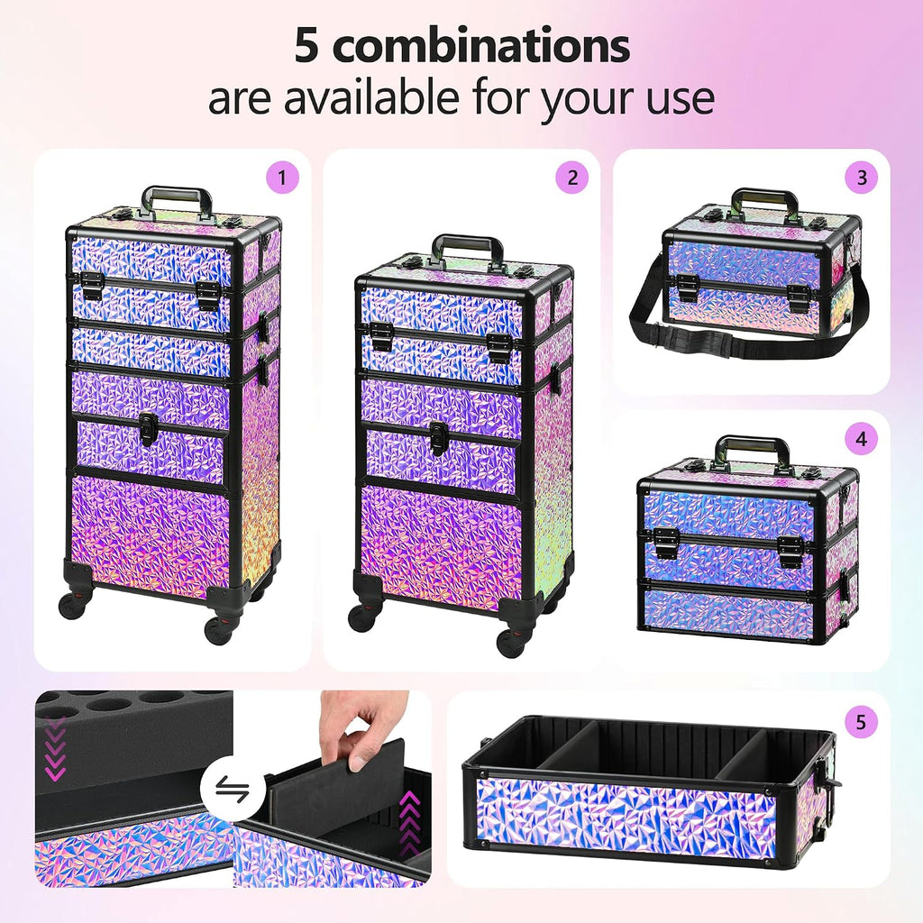Makeup Train Case with Drawer, Rolling Makeup Case, Cosmetology Case on Wheels, Gift, Large Makeup Case Organizers, Professional for Salon Barber, Nail, Tattoo, Black Colourful