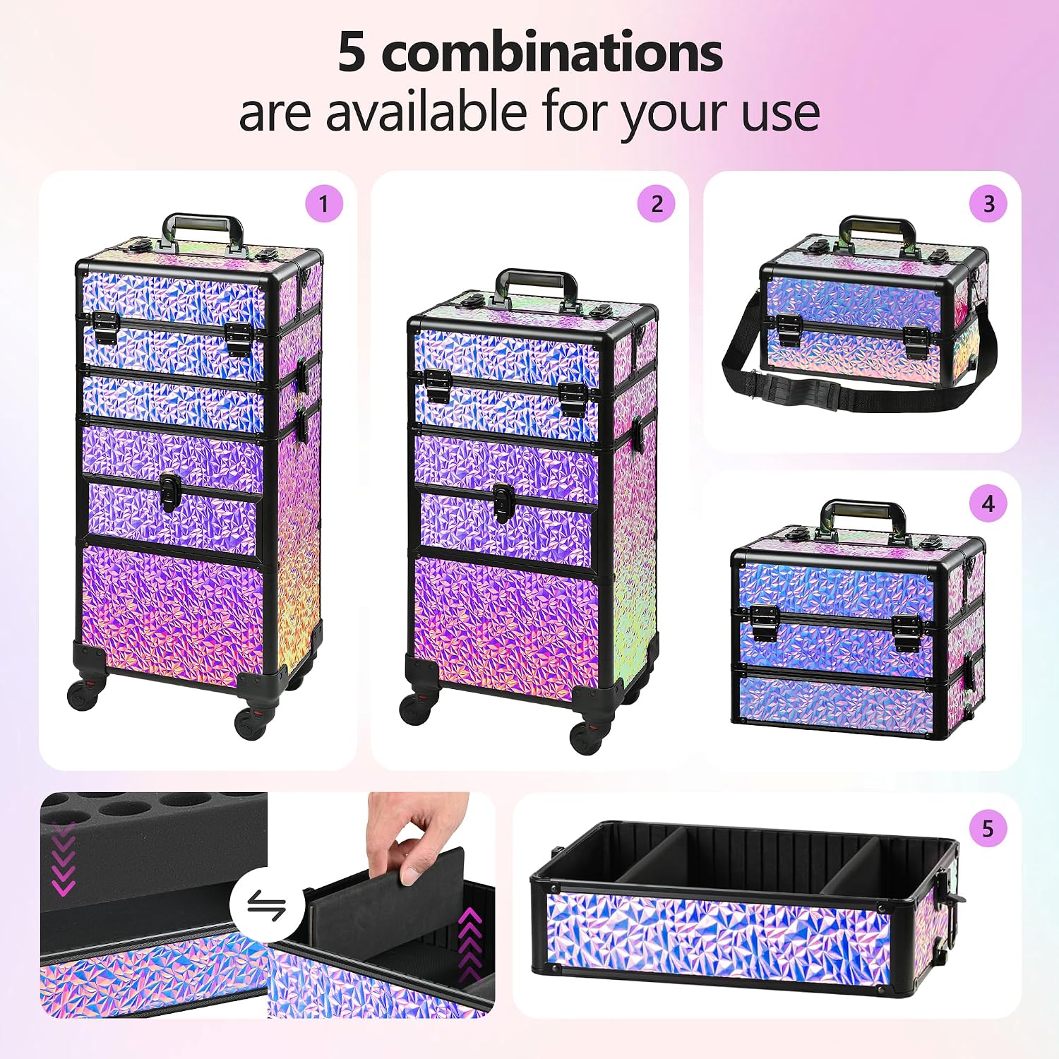 Makeup Train Case with Drawer, Rolling Makeup Case, Cosmetology Case on Wheels, Gift, Large Makeup Case Organizers, Professional for Salon Barber, Nail, Tattoo, Black Colourful