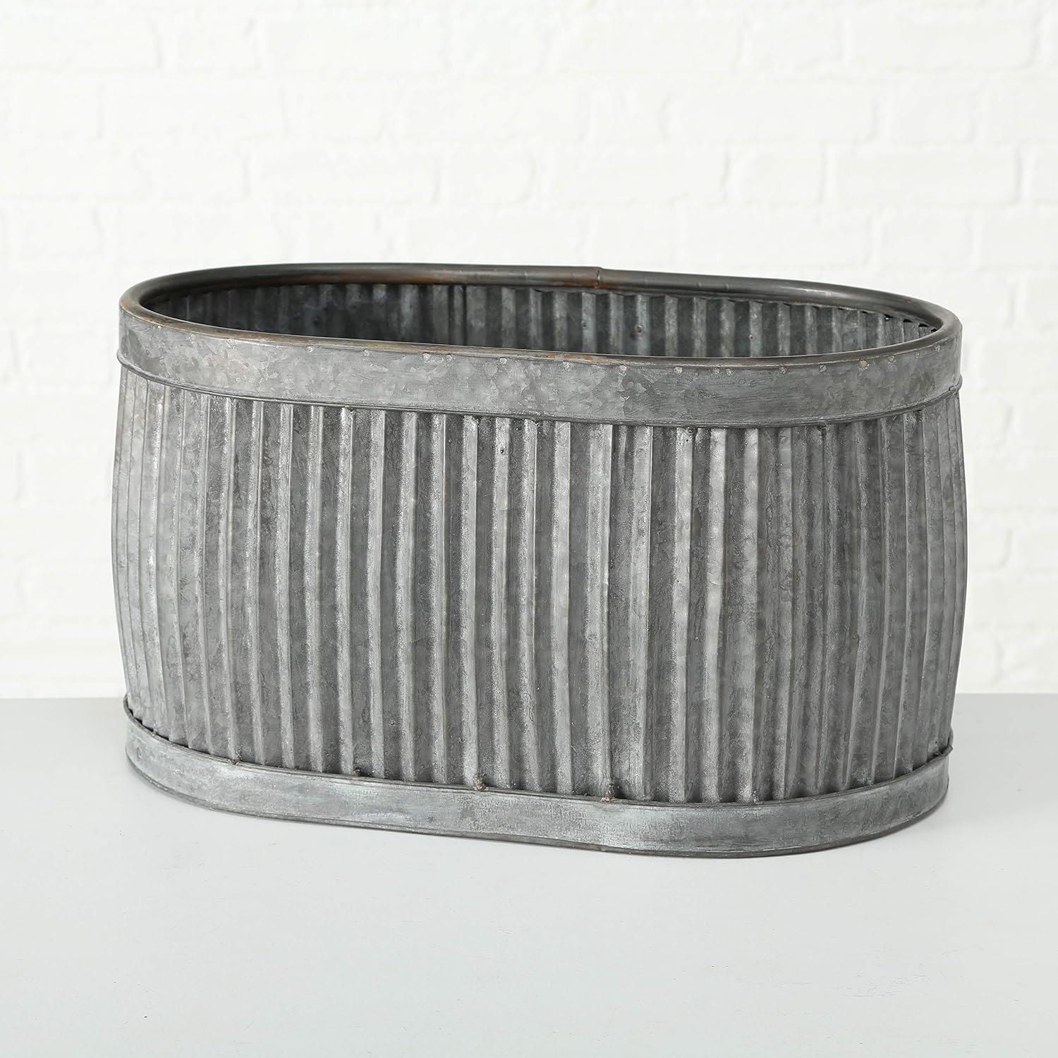 WHW Whole House Worlds French Country Style Oval Belly Planters, Set of 3, Galvanized Metal, Chubby, Corrugated Cache Pots, Rustic, Over 2 Ft Long (24 1/2, 20 and 14 1/2 Inches)