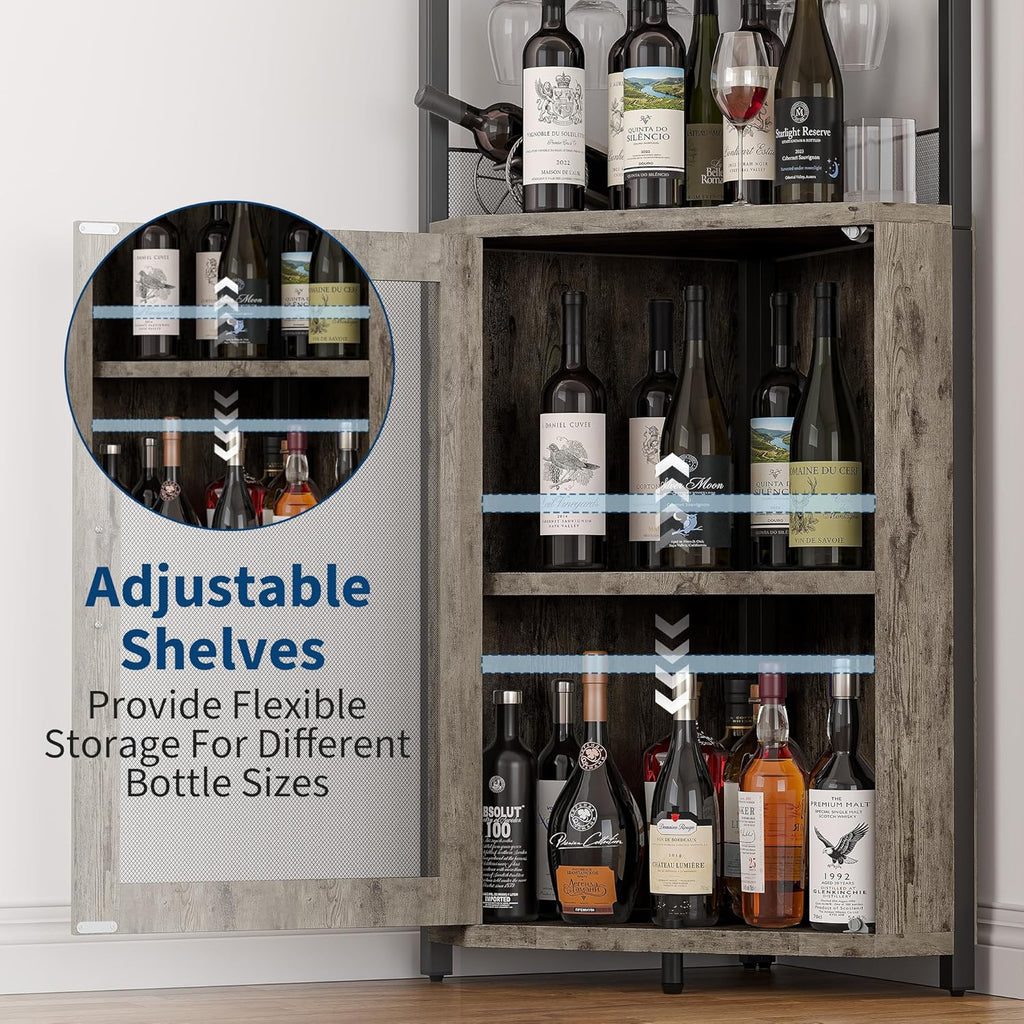 GarveeHome Corner Bar Wine Cabinet with LED Lights, 5-Tier Industrial Wine Cabinet with Glass Holder, Modern Liquor Cabinet with Adjustable Shelf, Home Bar Cabinet with Mesh Door, Grey