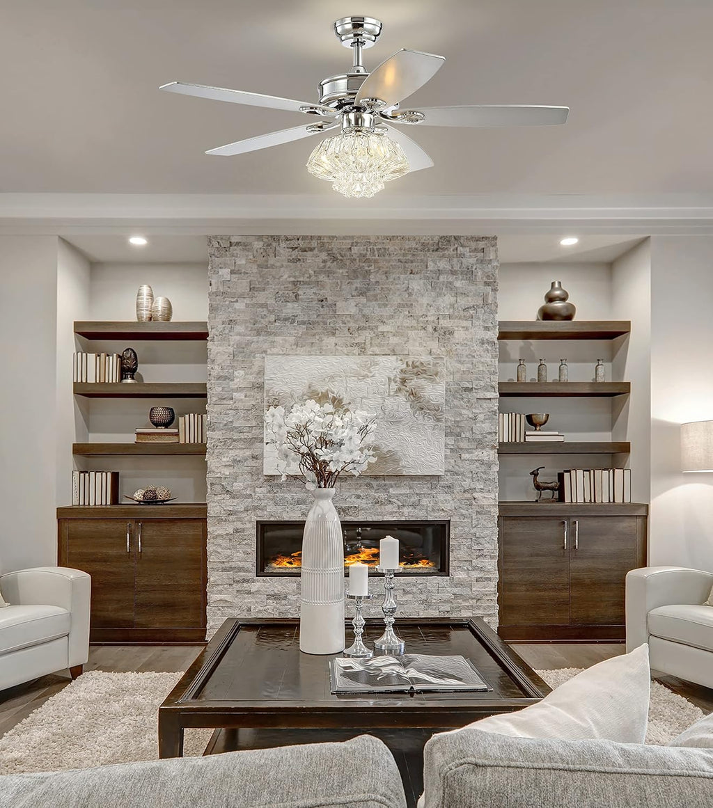 JONATHAN Y 48' Chrome 3-Light Iron and Crystal Ceiling Fan, Glam Drum Chandelier with Remote Control, 5 Reversible Silver/White Maple Blades, ETL Listed, LED Bulbs Included JYL9608A