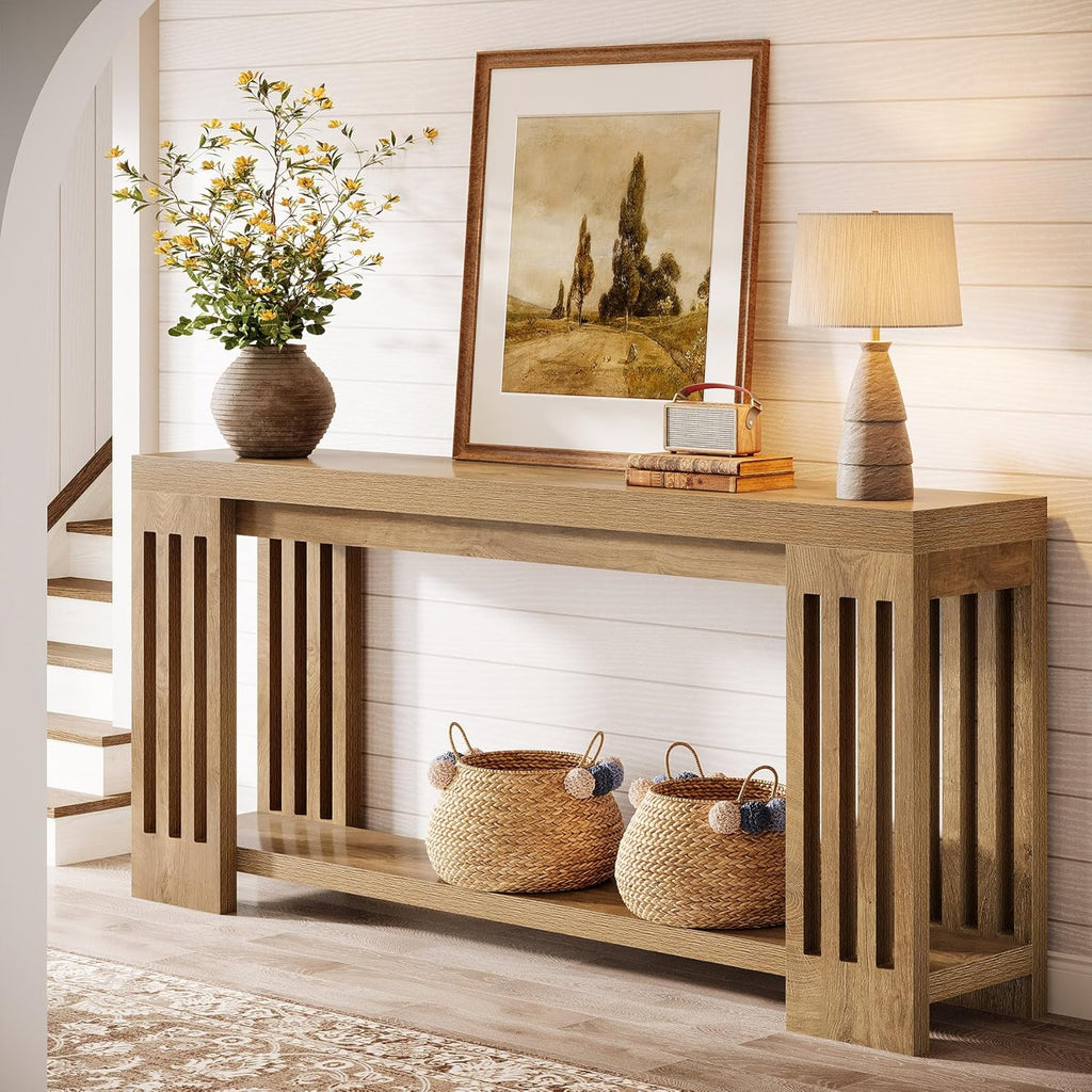 Tribesigns 70.9-Inch Extra Long Entryway Table, Farmhouse Sofa Console Table with Vertical Stripe Legs, 2-Tier Entry Furniture for Living Room, Hallway, Entrance (Light Brown)
