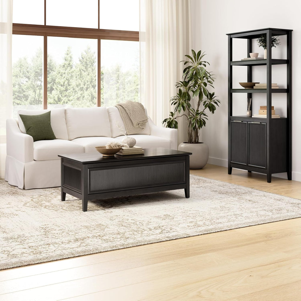 Bush Home Fluted 5 Shelf Bookcase with Doors - Set of 2, Living Room Furniture, Camille Collection, Onyx Birch Black