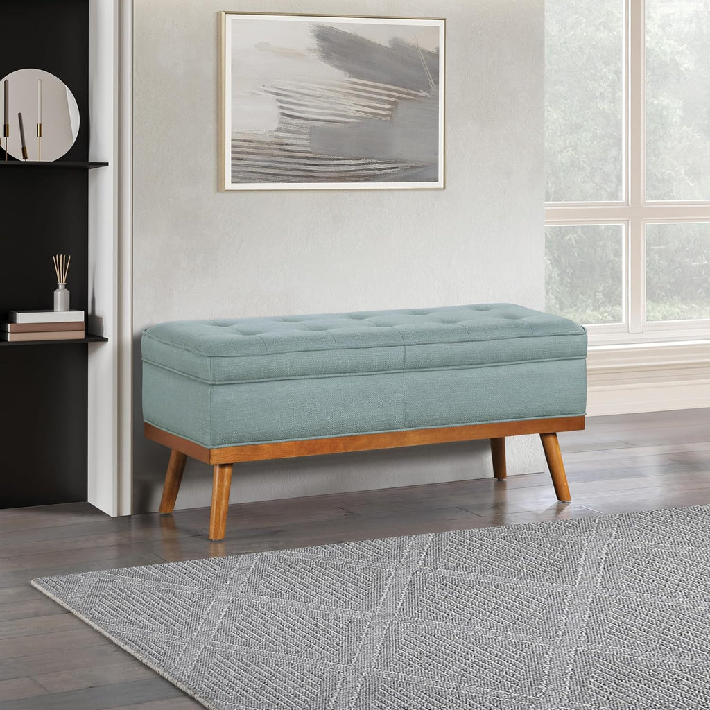 OSP Home Furnishings Katheryn Mid-Century Modern Storage Bench with Tufted Seat and Wood Legs, Sea Blue Fabric