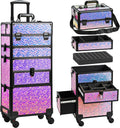Makeup Train Case with Drawer, Rolling Makeup Case, Cosmetology Case on Wheels, Gift, Large Makeup Case Organizers, Professional for Salon Barber, Nail, Tattoo, Black Colourful