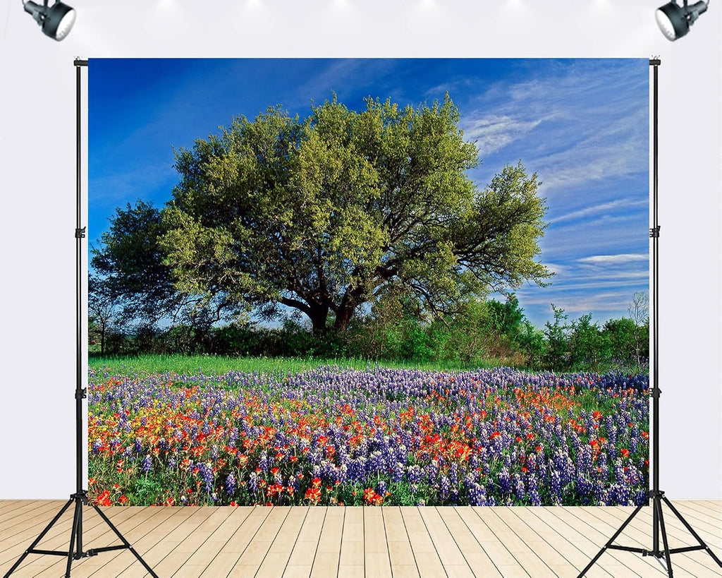 Trykid 20x10ft Texas Wildflower Field Backdrop Large Oak Tree Bluebonnets Indian Paintbrush Clear Blue Sky Photography Background Country Festival Party Decoration Photo Booth Prop Fabric